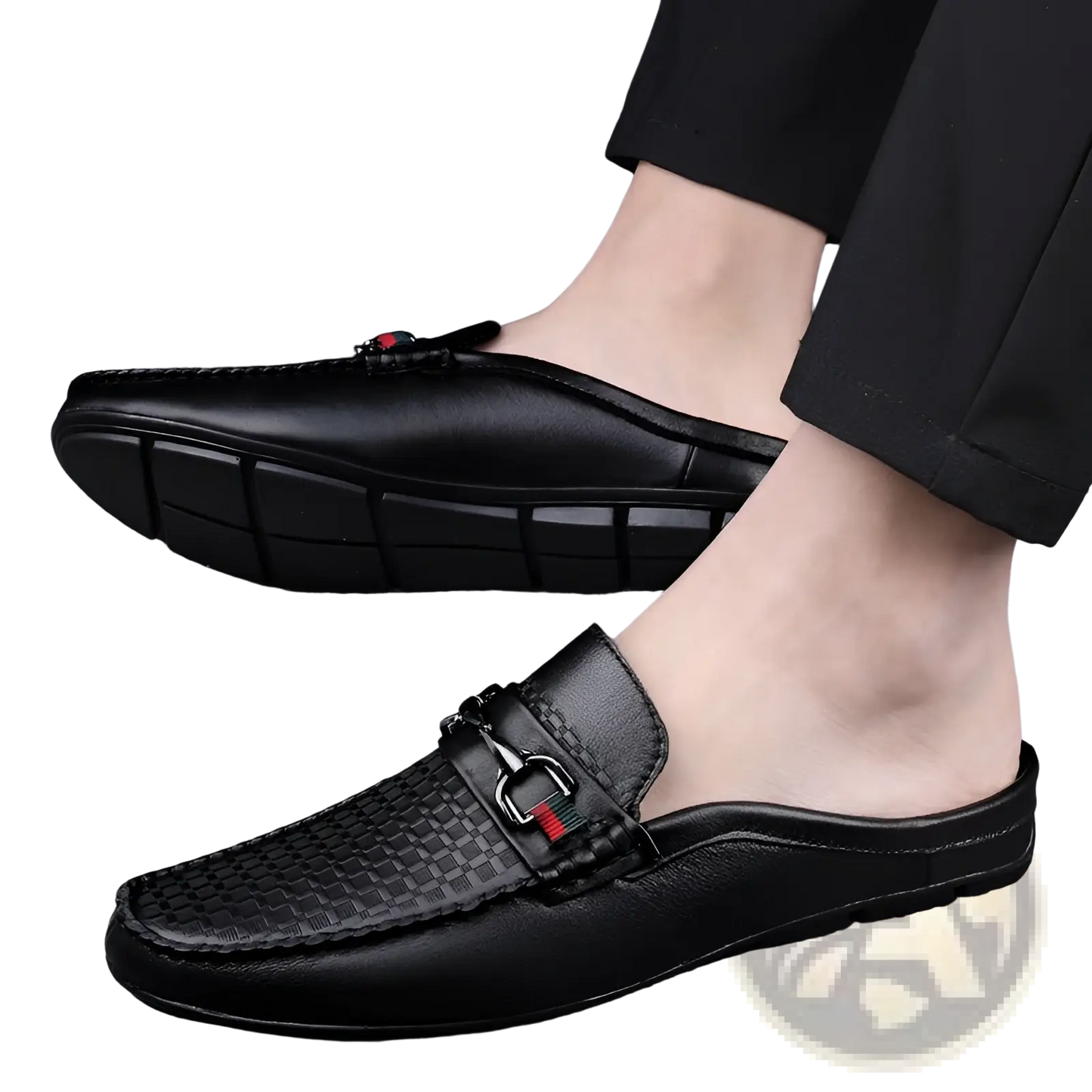 Men's Leather Mule Loafers with Woven Buckle Accent