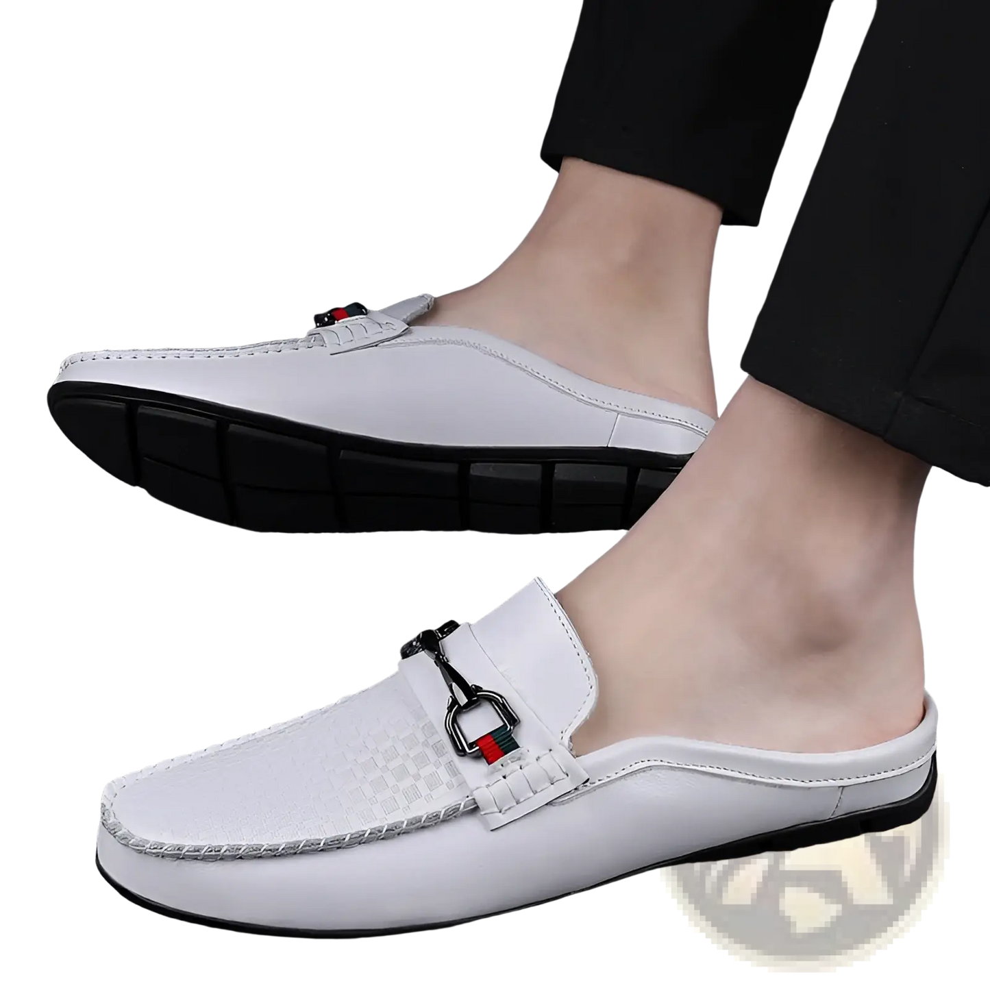 Men's Leather Mule Loafers with Woven Buckle Accent