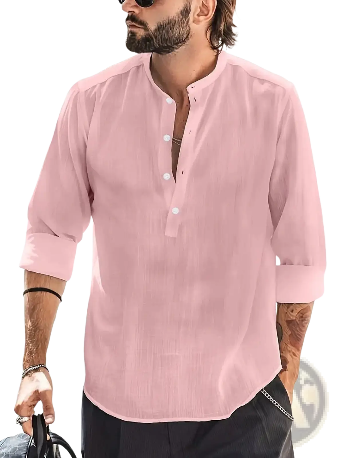 Men's Lightweight Mandarin Collar Linen and Cotton Shirt