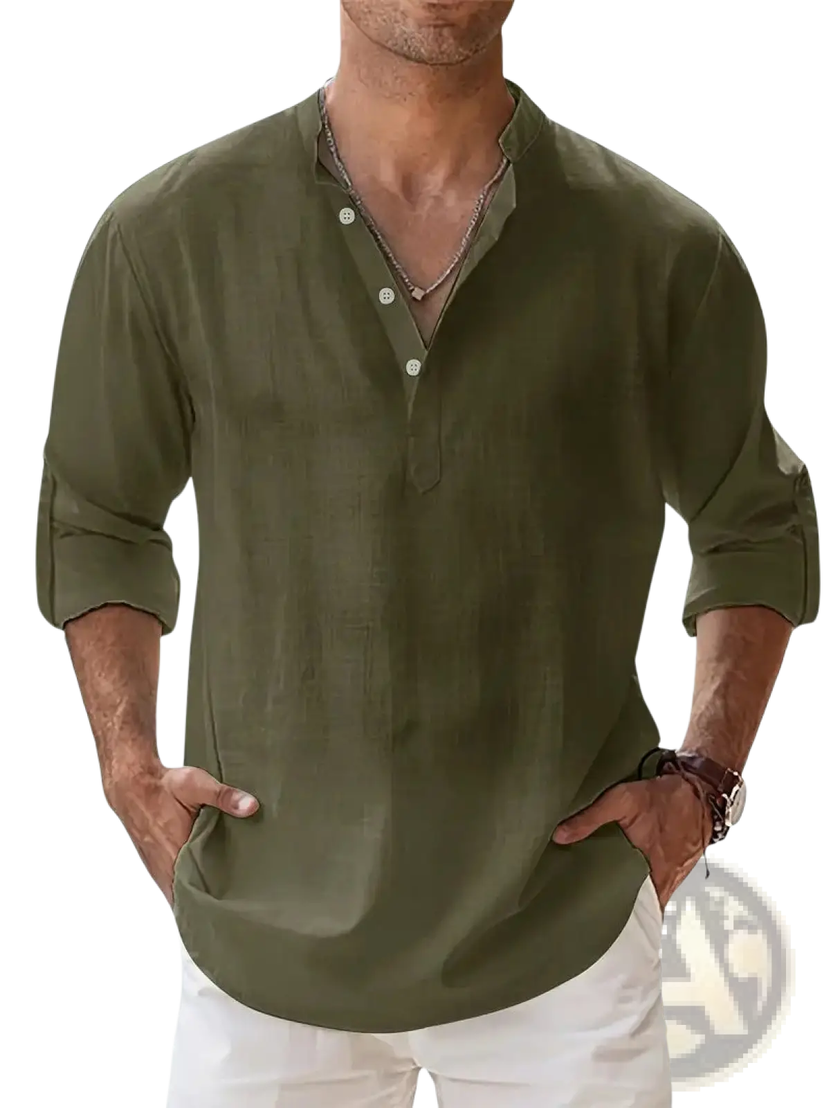 Men's Lightweight Mandarin Collar Linen and Cotton Shirt