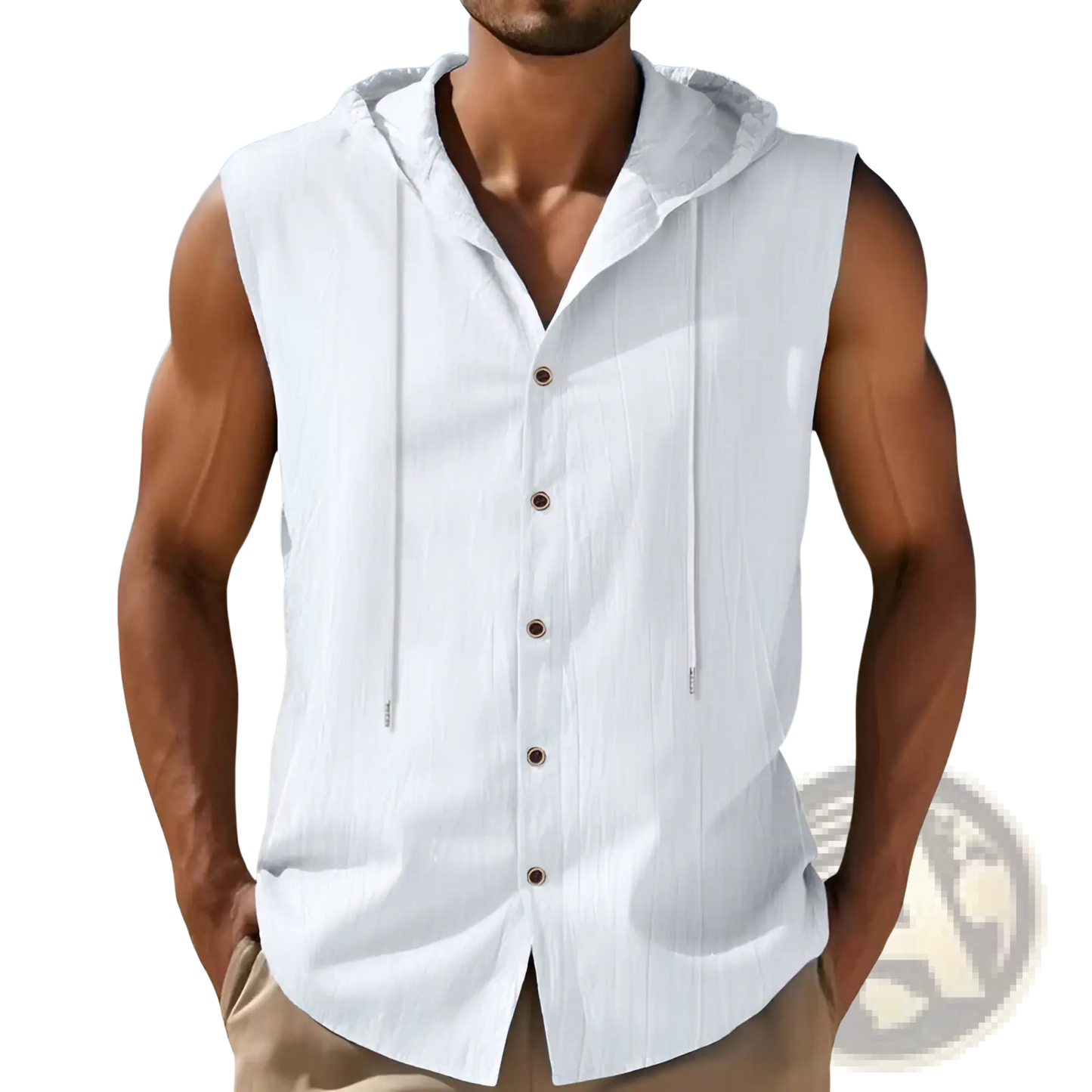 Men's Linen Blend Sleeveless Hooded Button Up Shirt