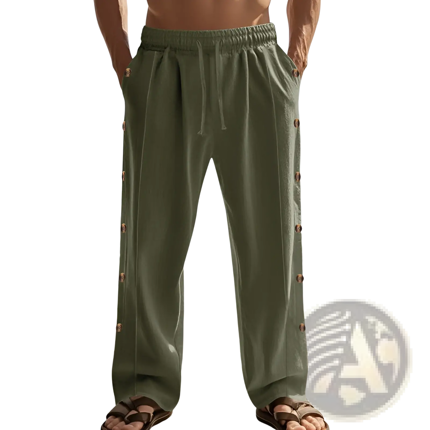 Men's Linen Straight Leg Pants with Side Button Detail