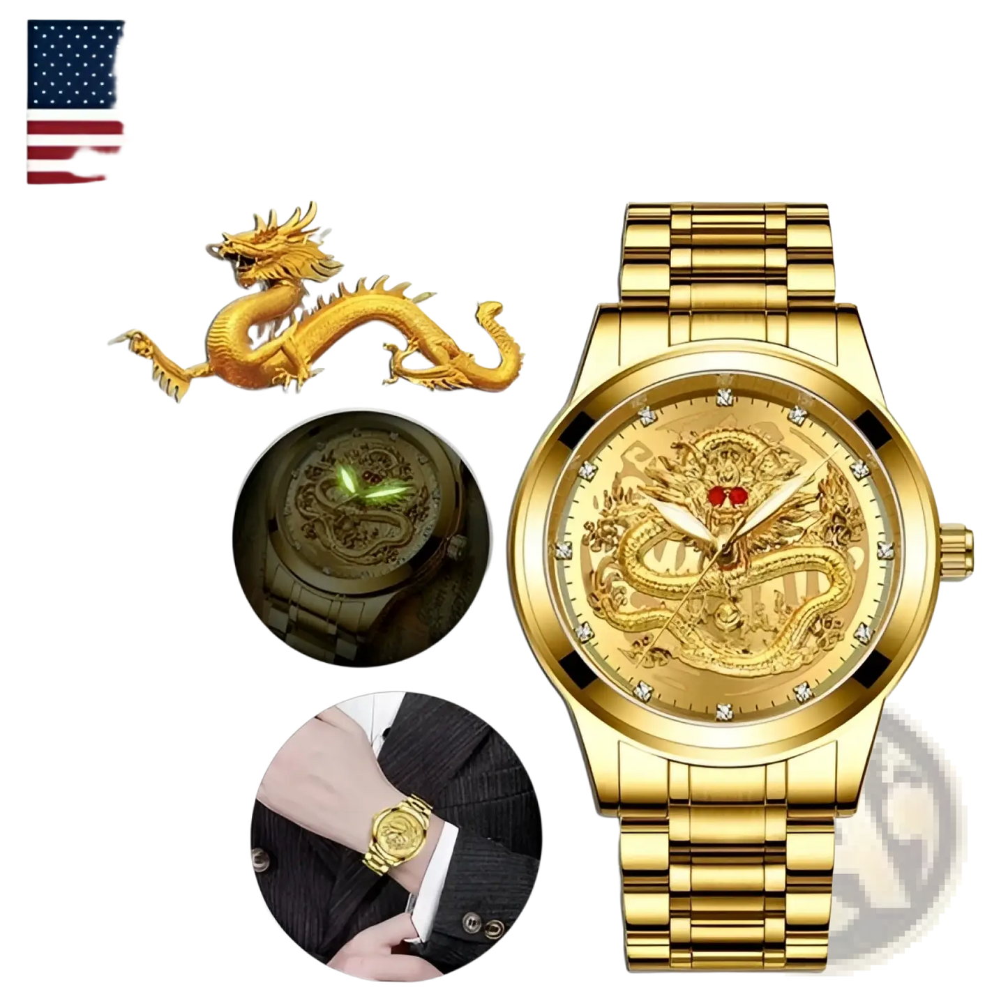 Men's Luxury 18k Gold Dragon Diamond Quartz Watch