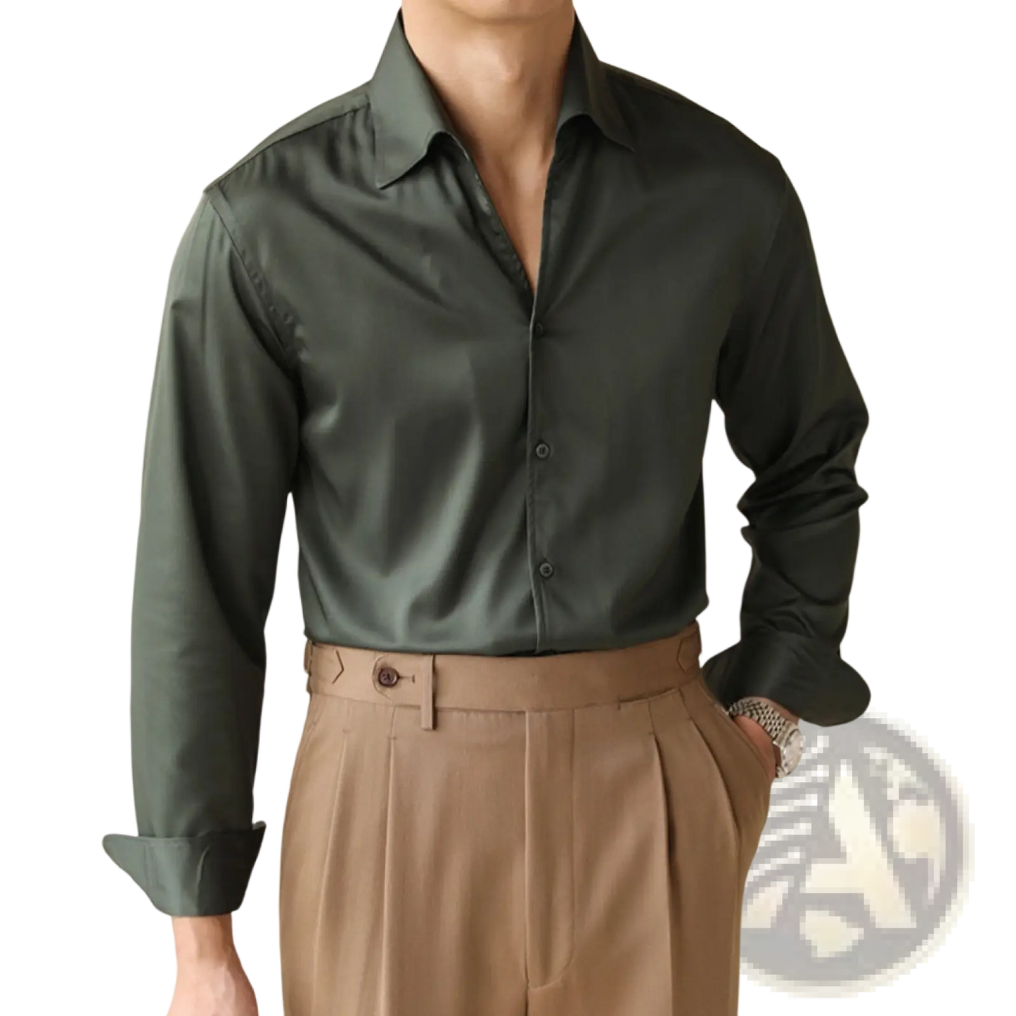 Men's One-piece Collar Satin Long Sleeve Business Shirt