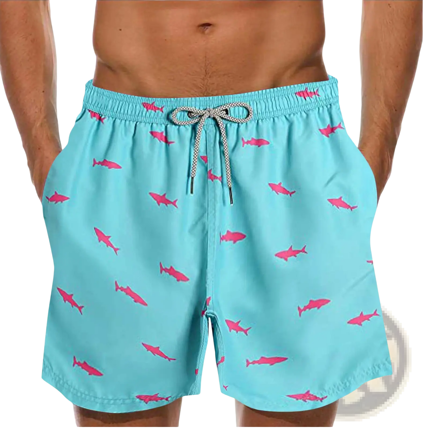Men's Pink Shark Print Quick Dry Swim Trunks