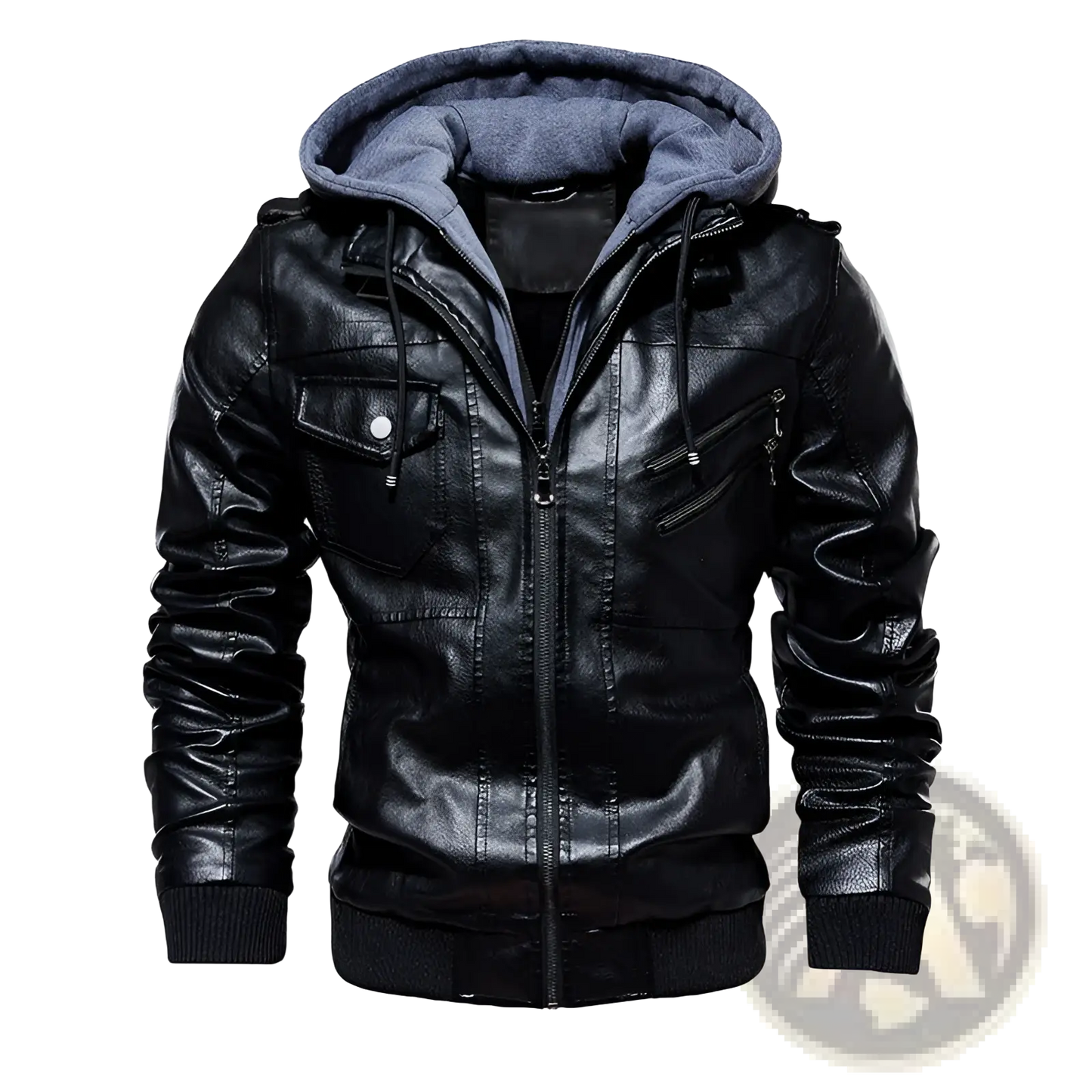 Men's Pu Leather Hooded Jacket with Ribbed Cuffs