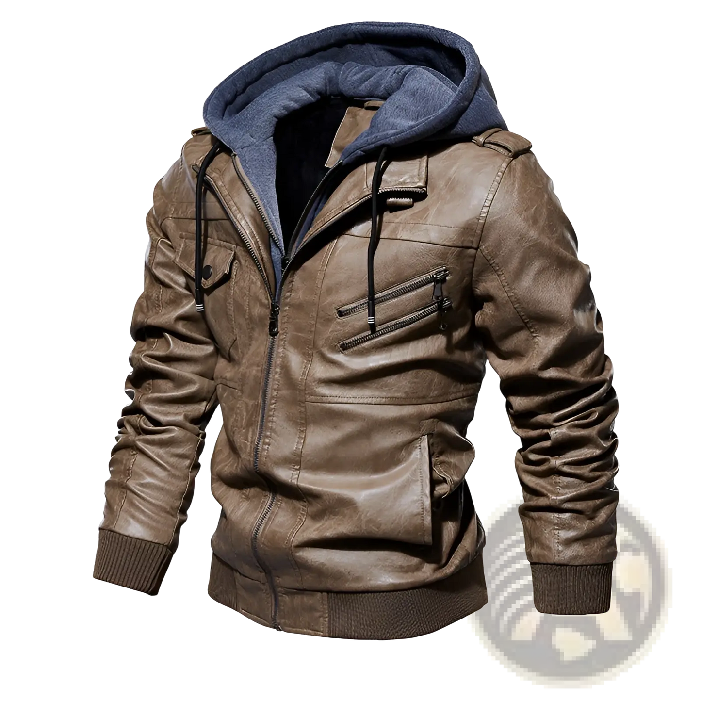 Men's Pu Leather Hooded Jacket with Ribbed Cuffs