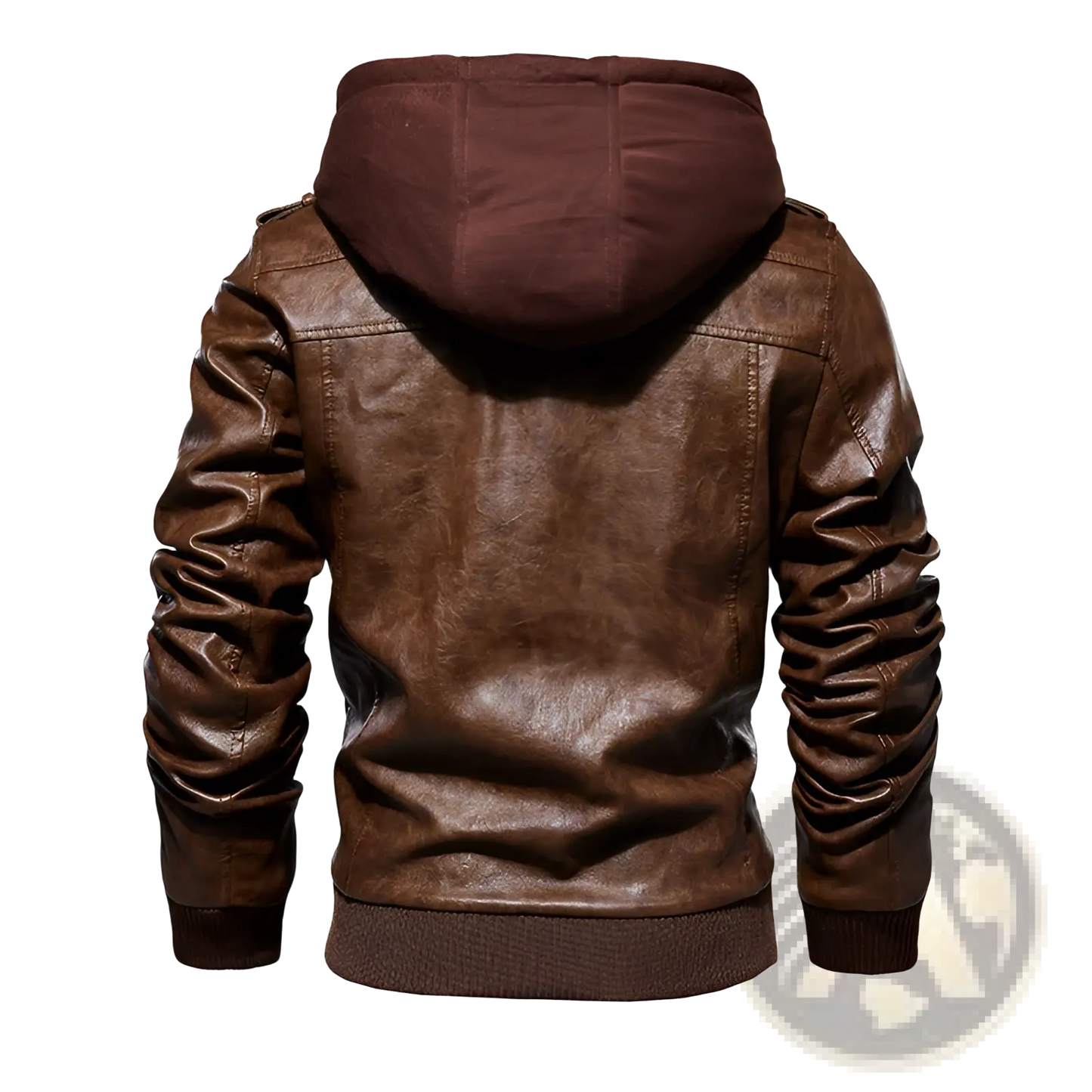 Men's Pu Leather Hooded Jacket with Ribbed Cuffs