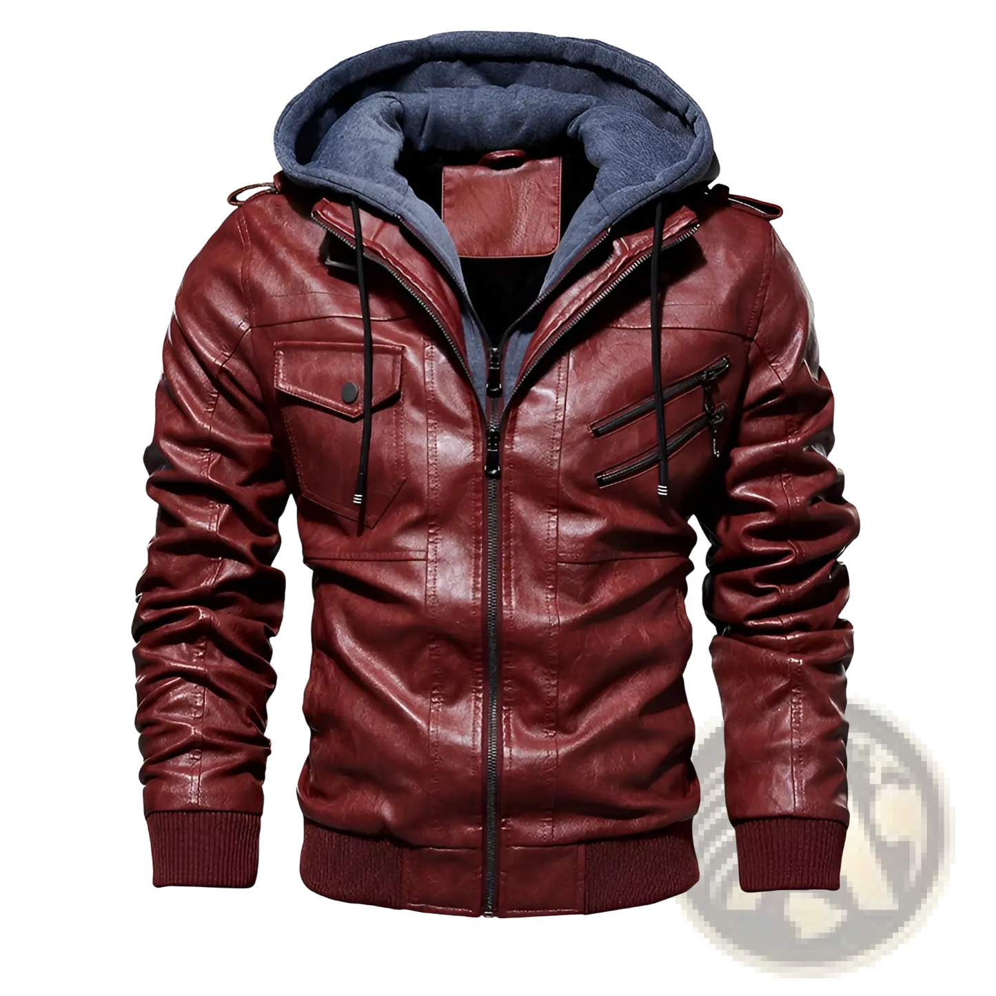 Men's Pu Leather Hooded Jacket with Ribbed Cuffs
