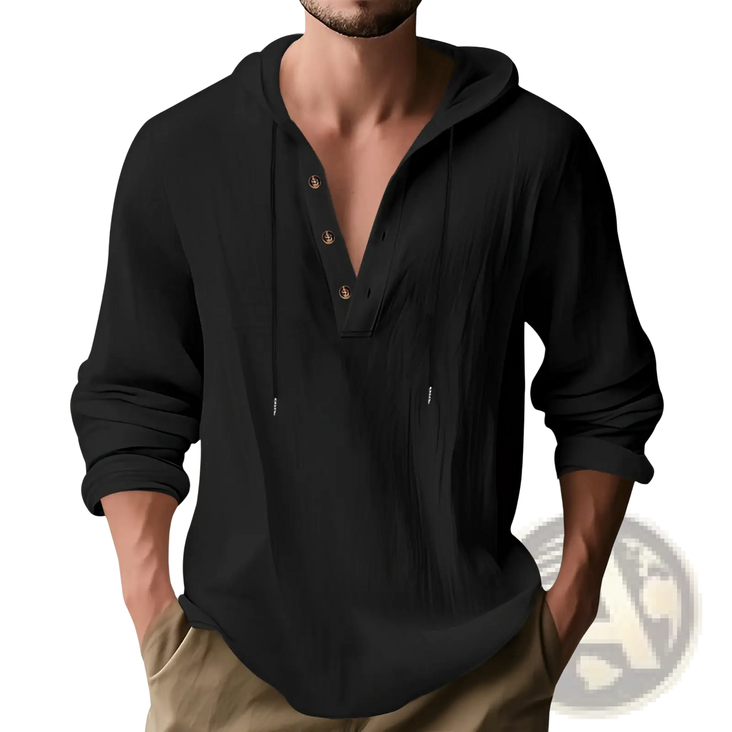 Men's Relaxed Linen Henley Hoodie with Gold Buttons