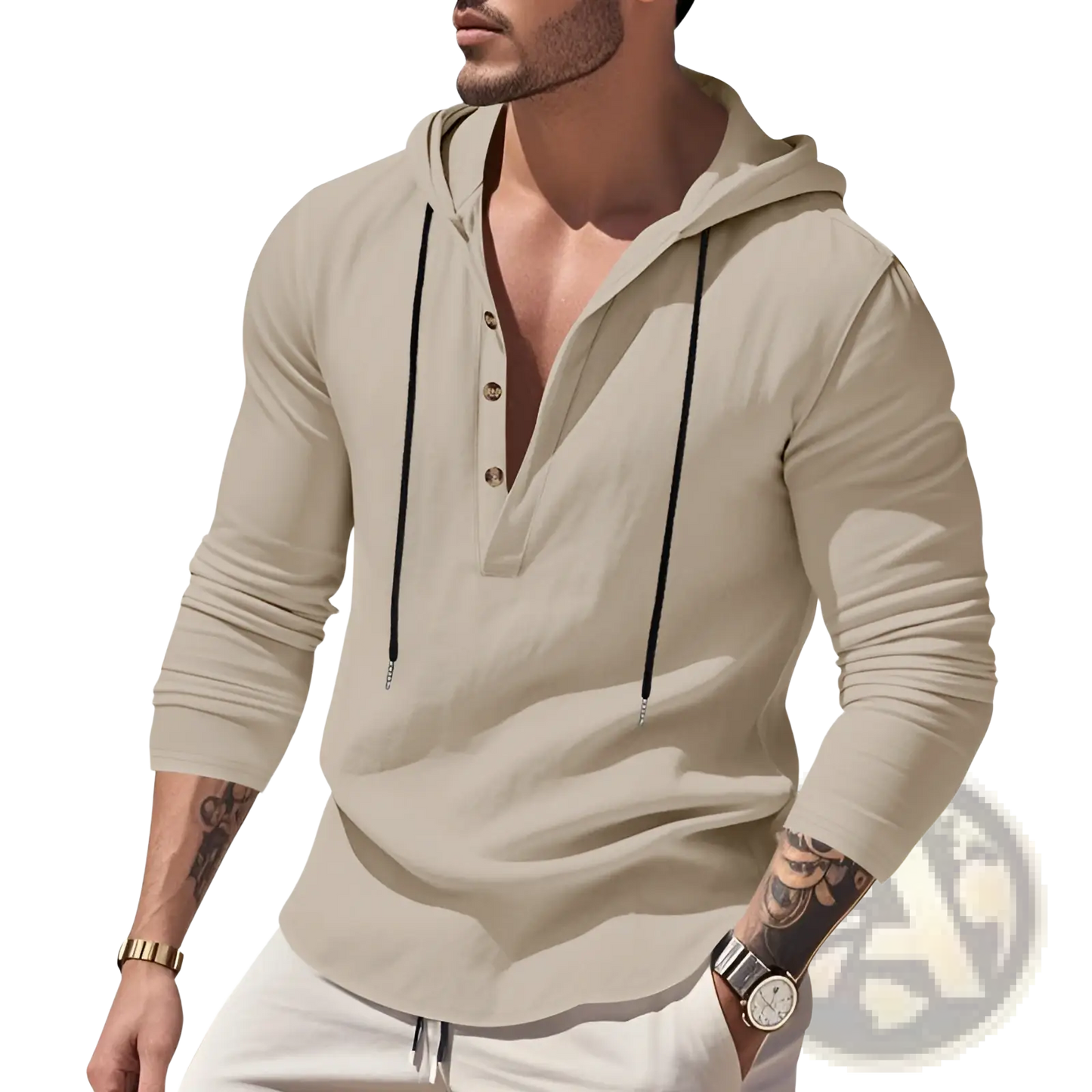 Men's Relaxed Linen Henley Hoodie with Gold Buttons
