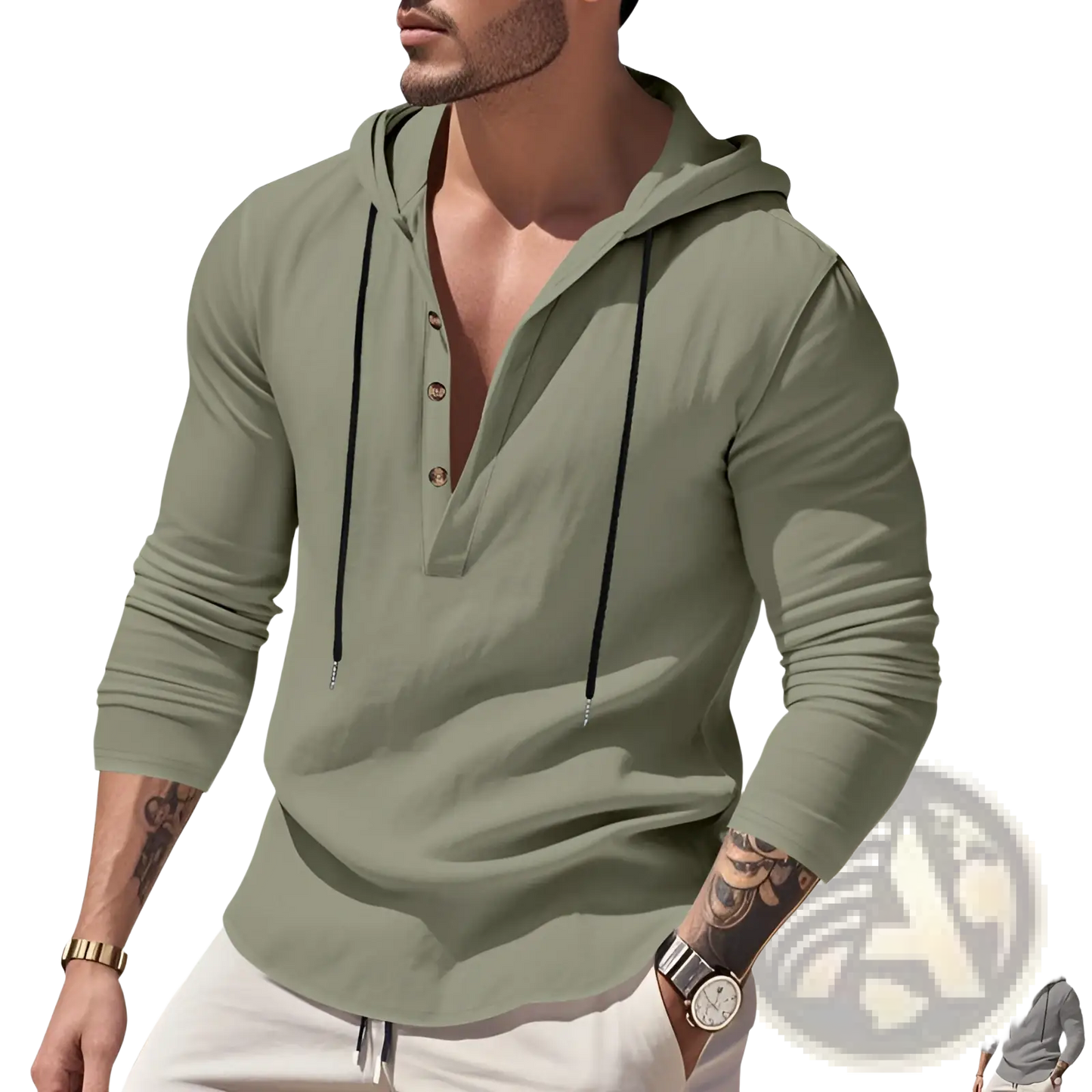 Men's Relaxed Linen Henley Hoodie with Gold Buttons