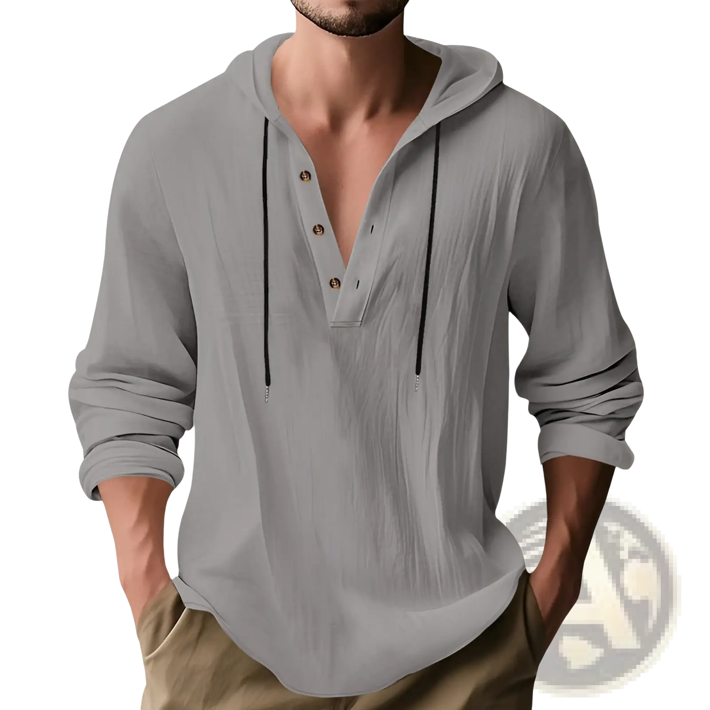 Men's Relaxed Linen Henley Hoodie with Gold Buttons