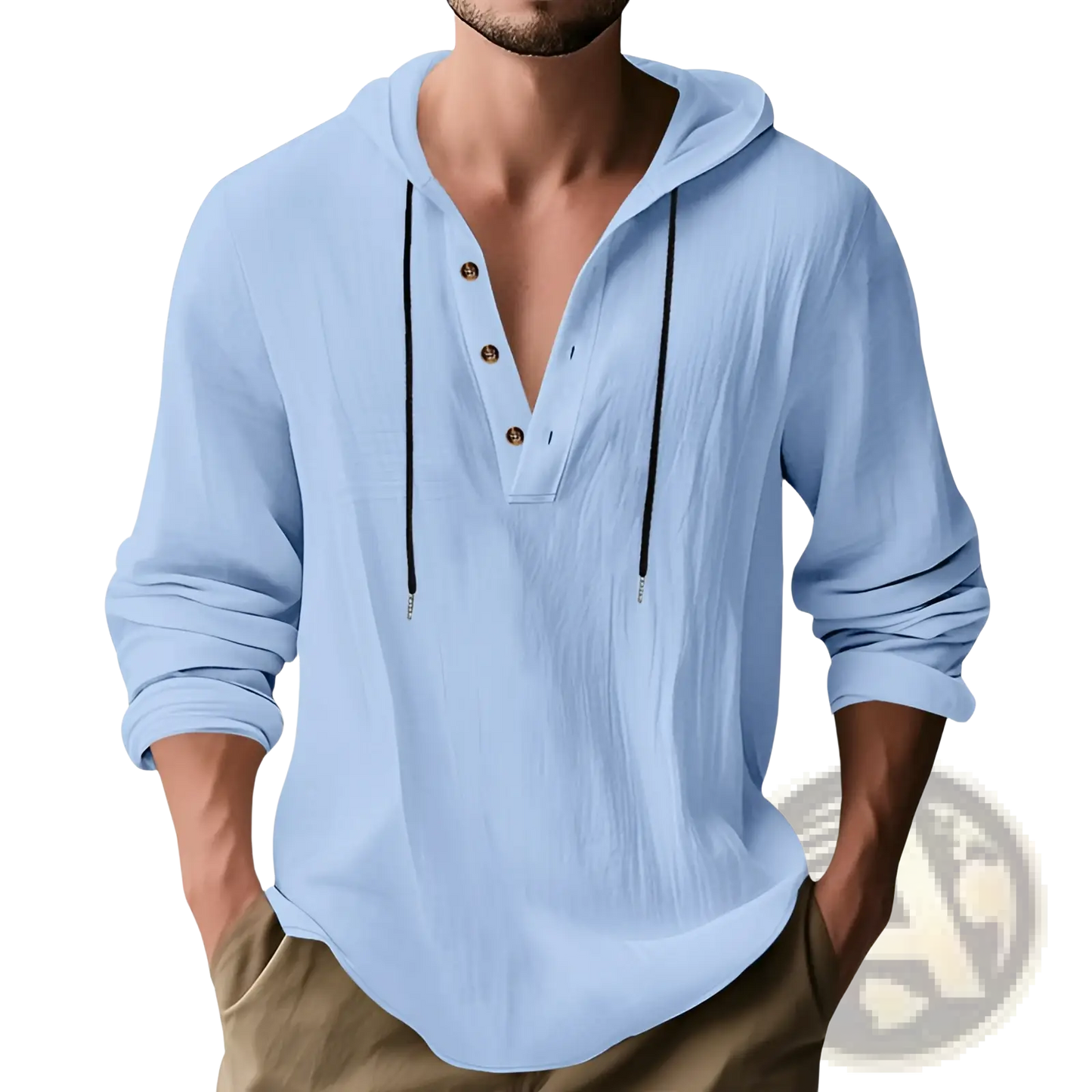 Men's Relaxed Linen Henley Hoodie with Gold Buttons