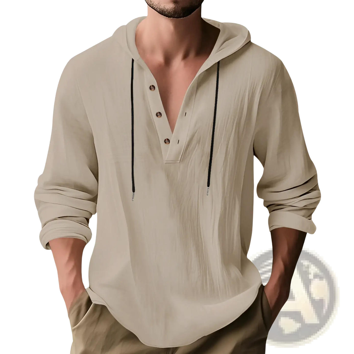 Men's Relaxed Linen Henley Hoodie with Gold Buttons