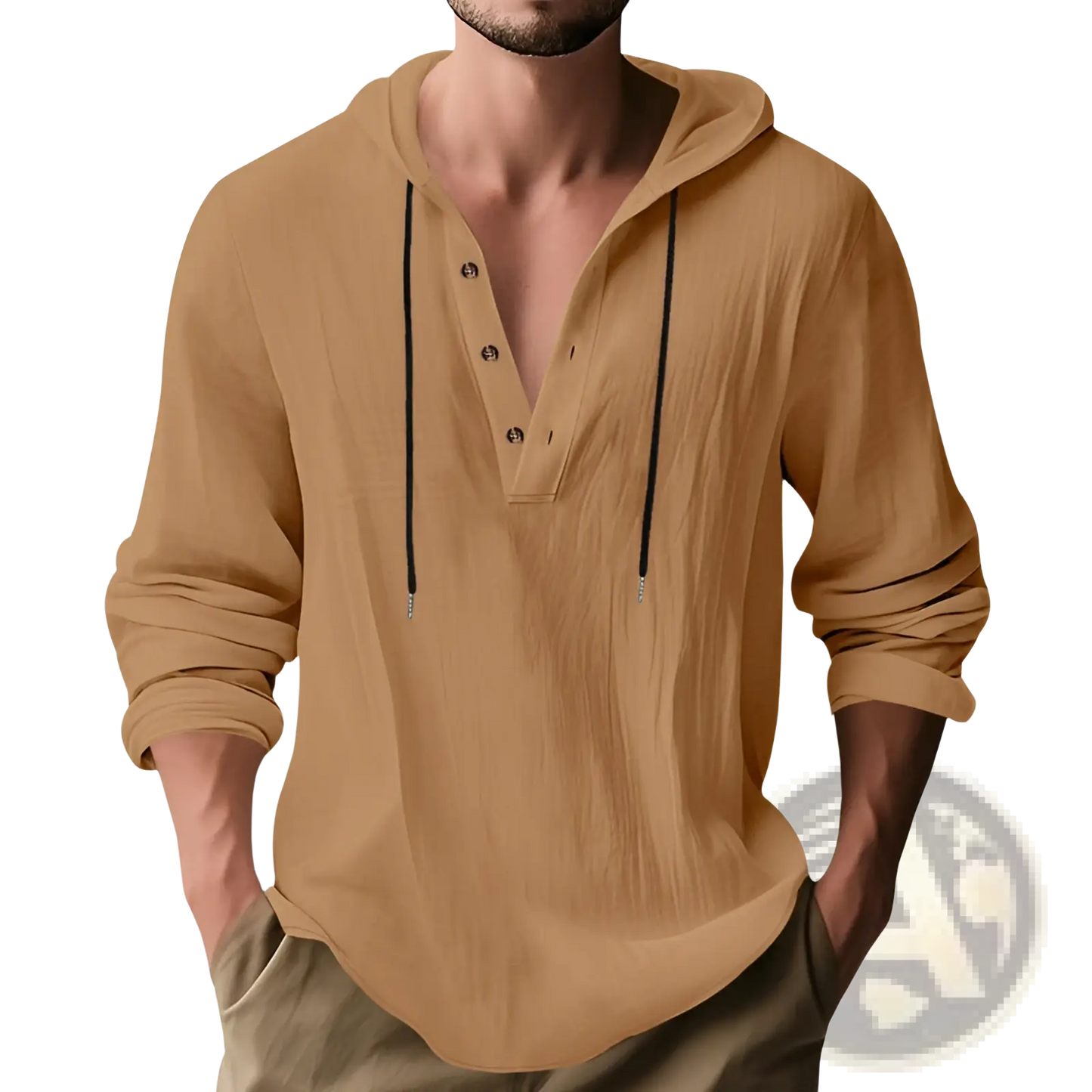 Men's Relaxed Linen Henley Hoodie with Gold Buttons