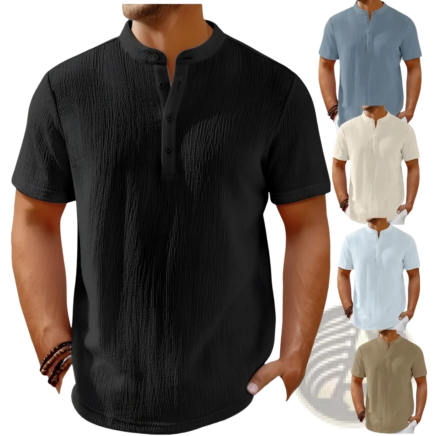 Men's Retro Textured Cotton Linen Henley Shirt