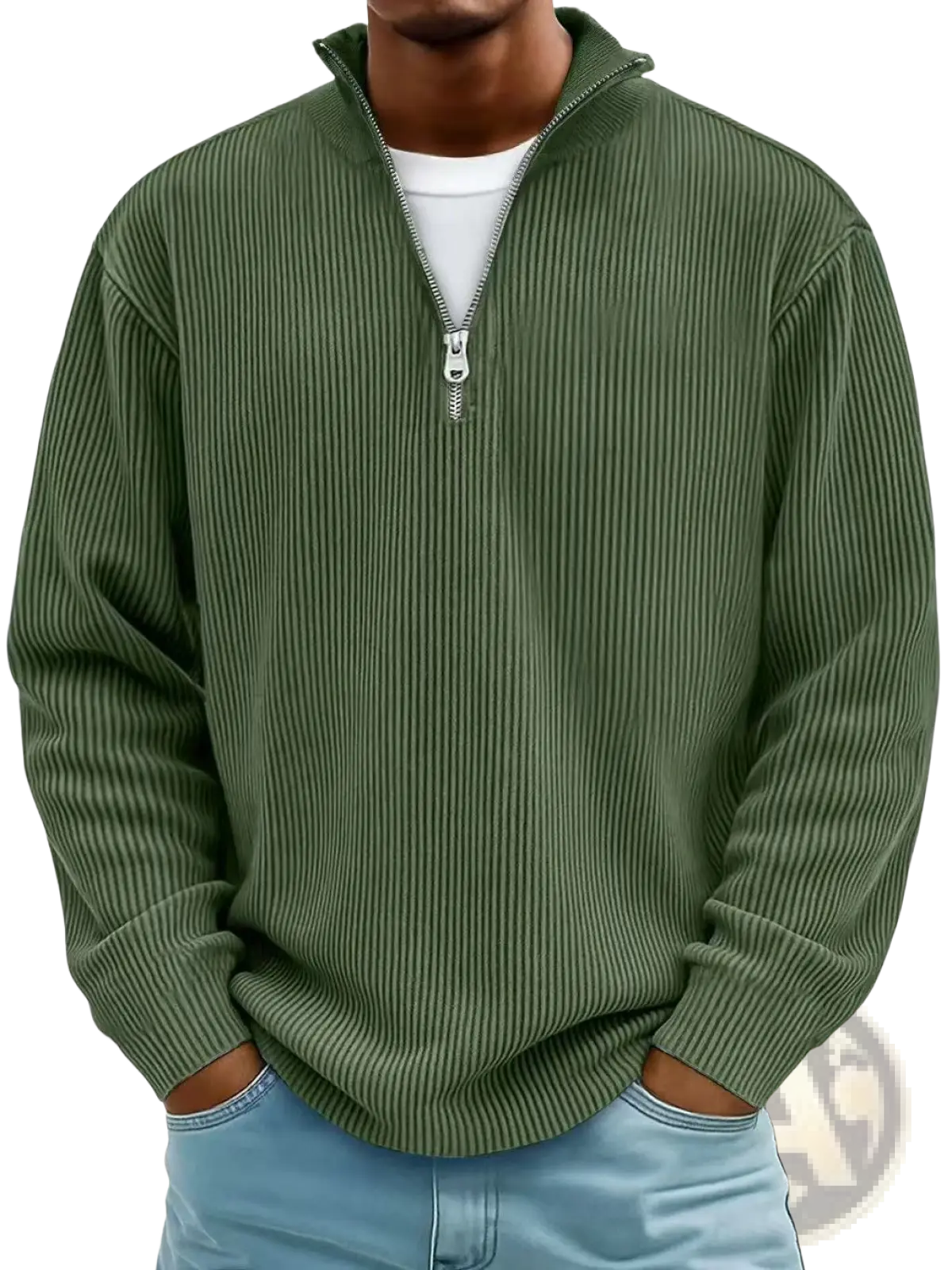 Men's Ribbed Knit Half Zip Corduroy Polo Sweatshirt