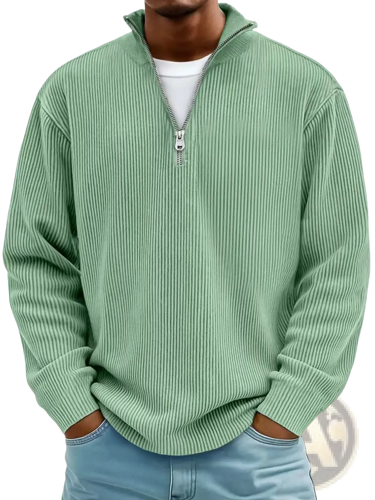 Men's Ribbed Knit Half Zip Corduroy Polo Sweatshirt