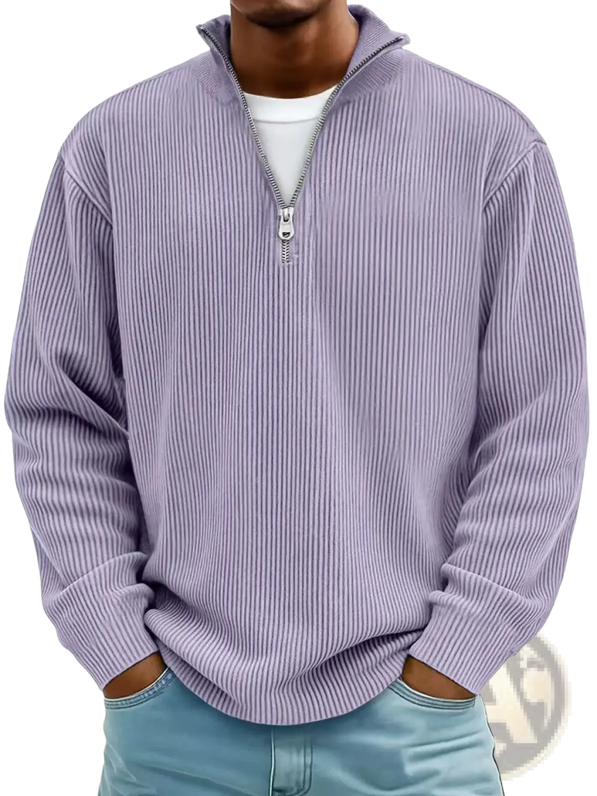 Men's Ribbed Knit Half Zip Corduroy Polo Sweatshirt