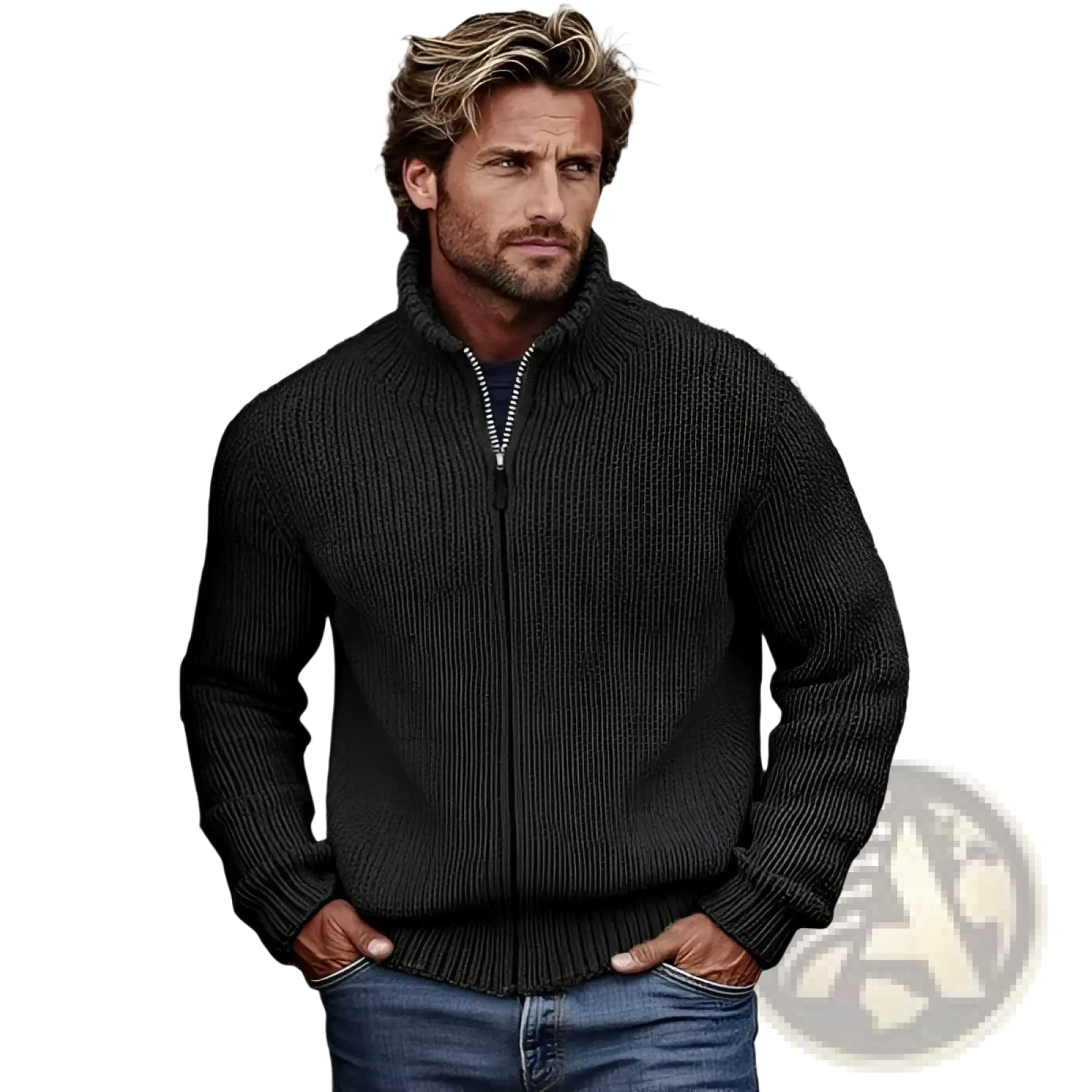 Men's Ribbed Knit High Collar Zip Up Sweater