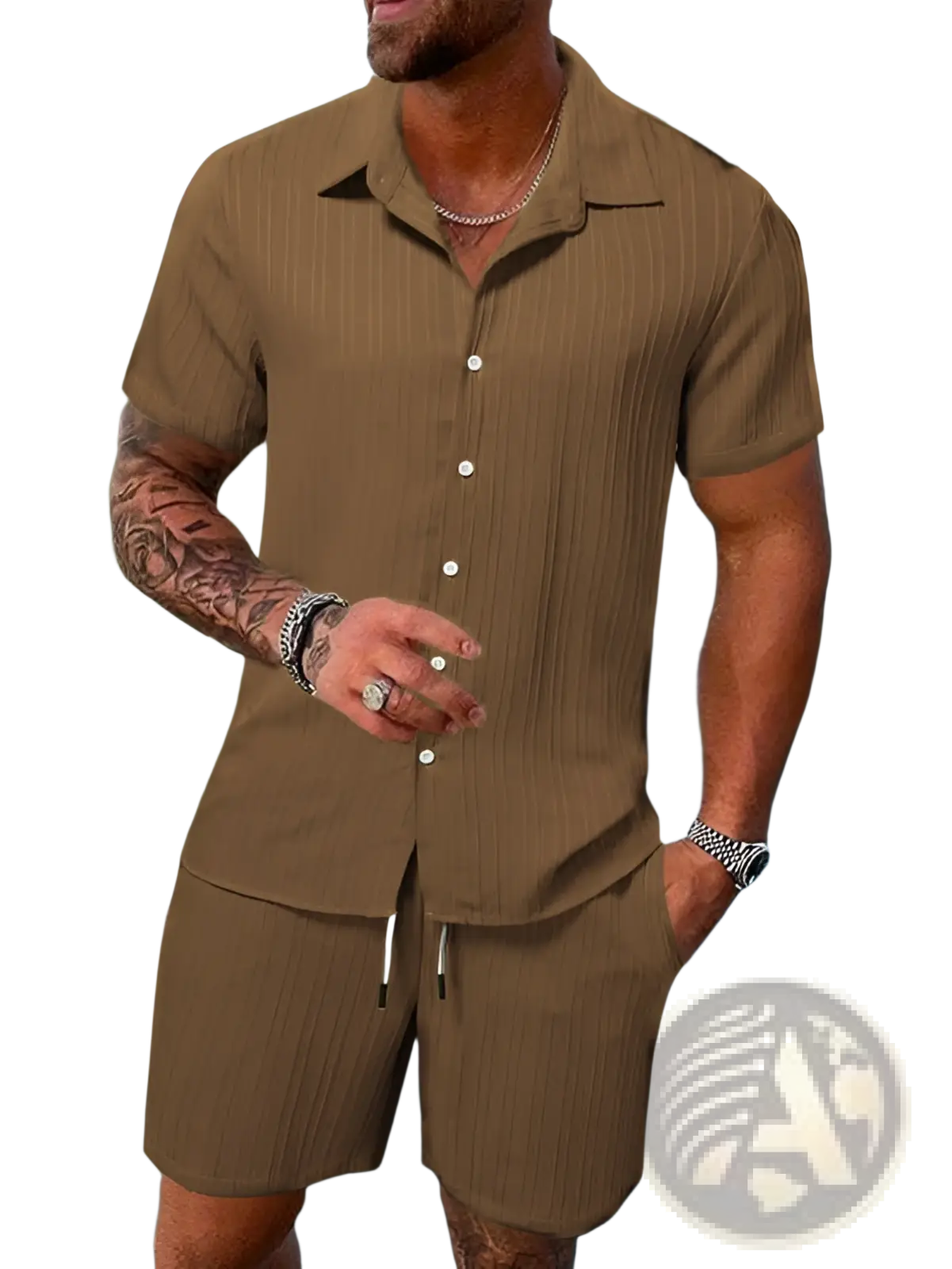 Men's Ribbed Short Sleeve Shirt and Shorts Beach Set