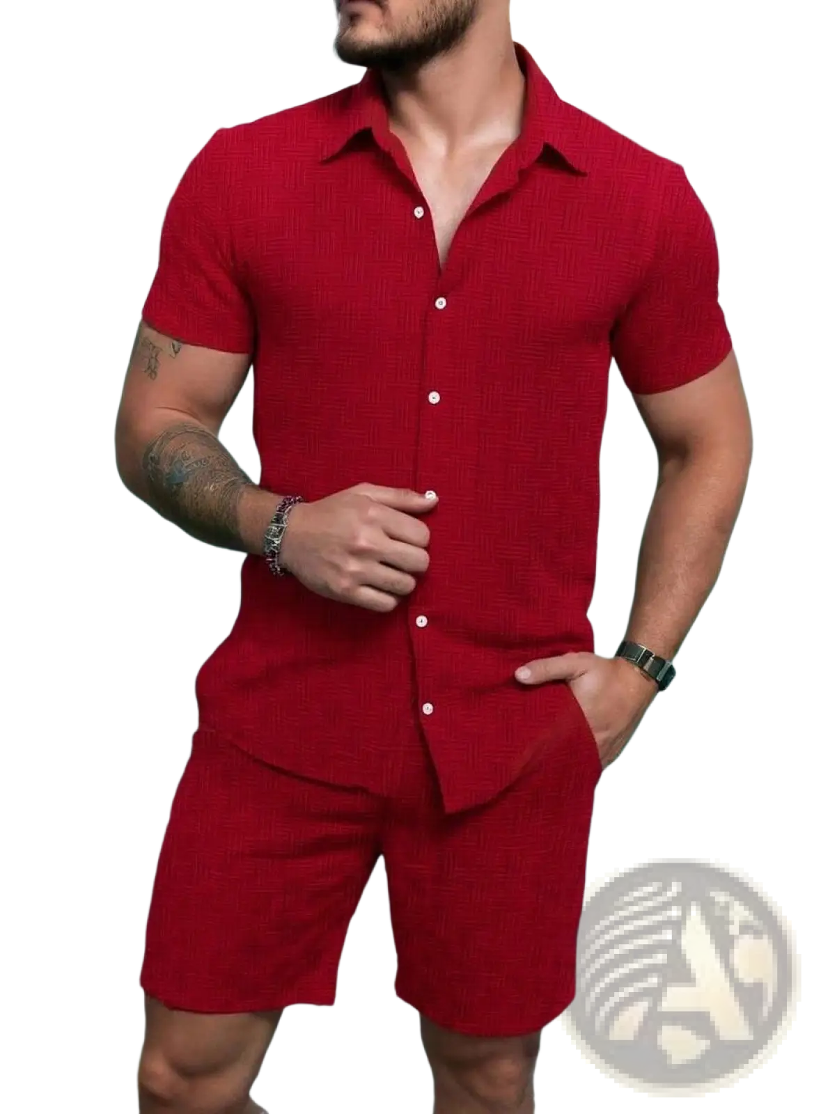 Men's Ribbed Short Sleeve Shirt and Shorts Beach Set