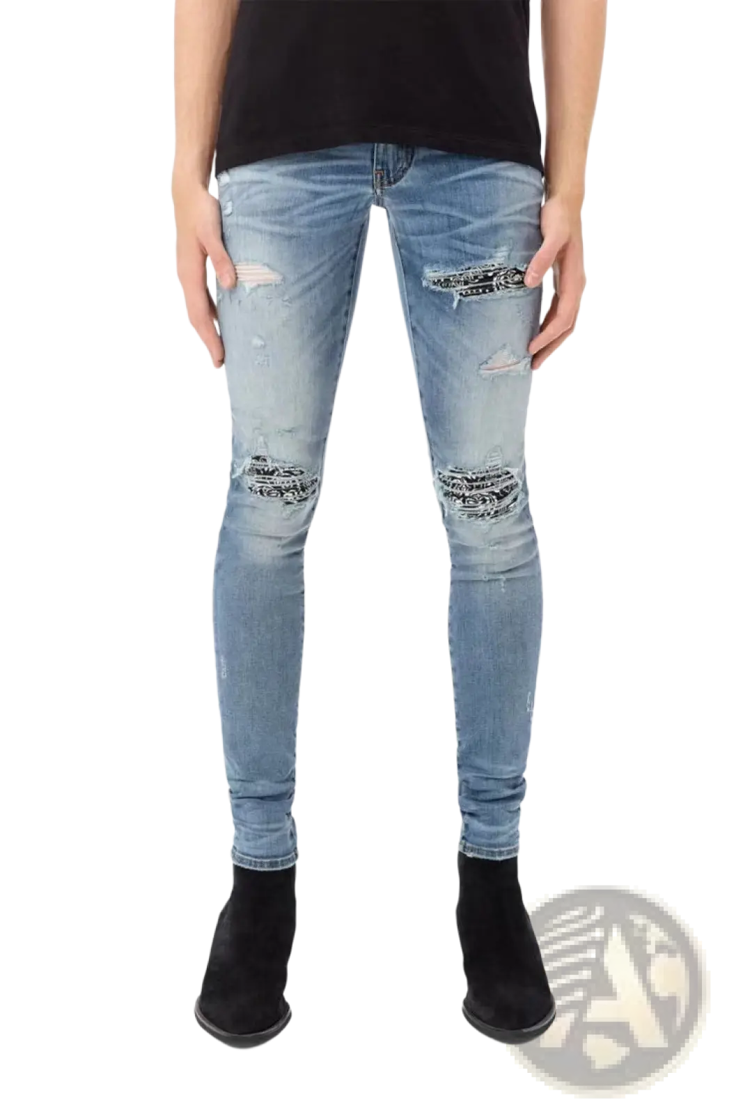 Men's Slim Fit Bandana Patch Light Wash Distressed Jeans