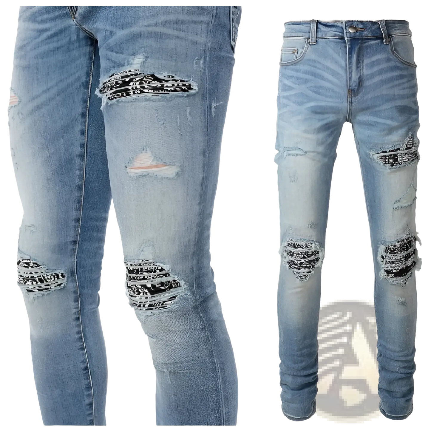 Men's Slim Fit Bandana Patch Light Wash Distressed Jeans