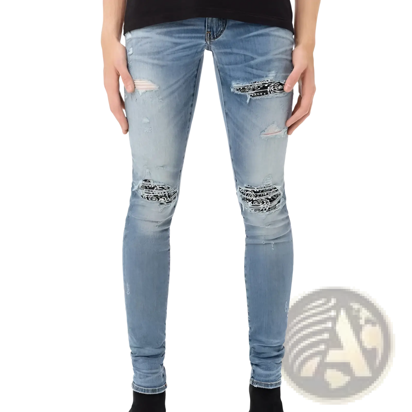 Men's Slim Fit Bandana Patch Light Wash Distressed Jeans