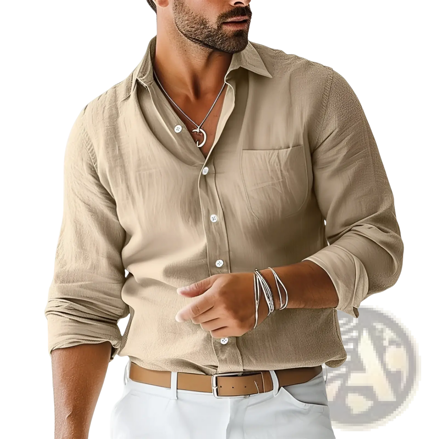 Men's Slim Fit Digital Print Linen Blend Casual Shirt