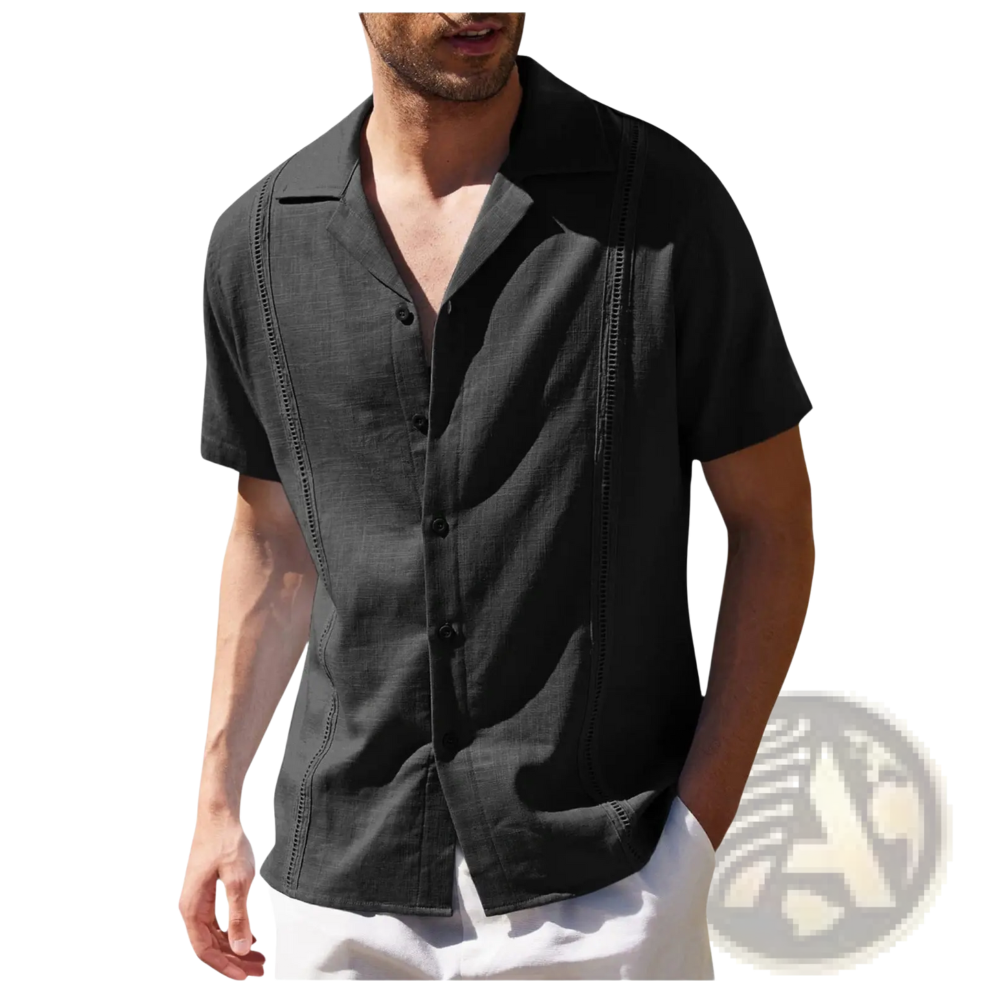 Men's Slim Fit Embroidered Linen Short Sleeve Shirt