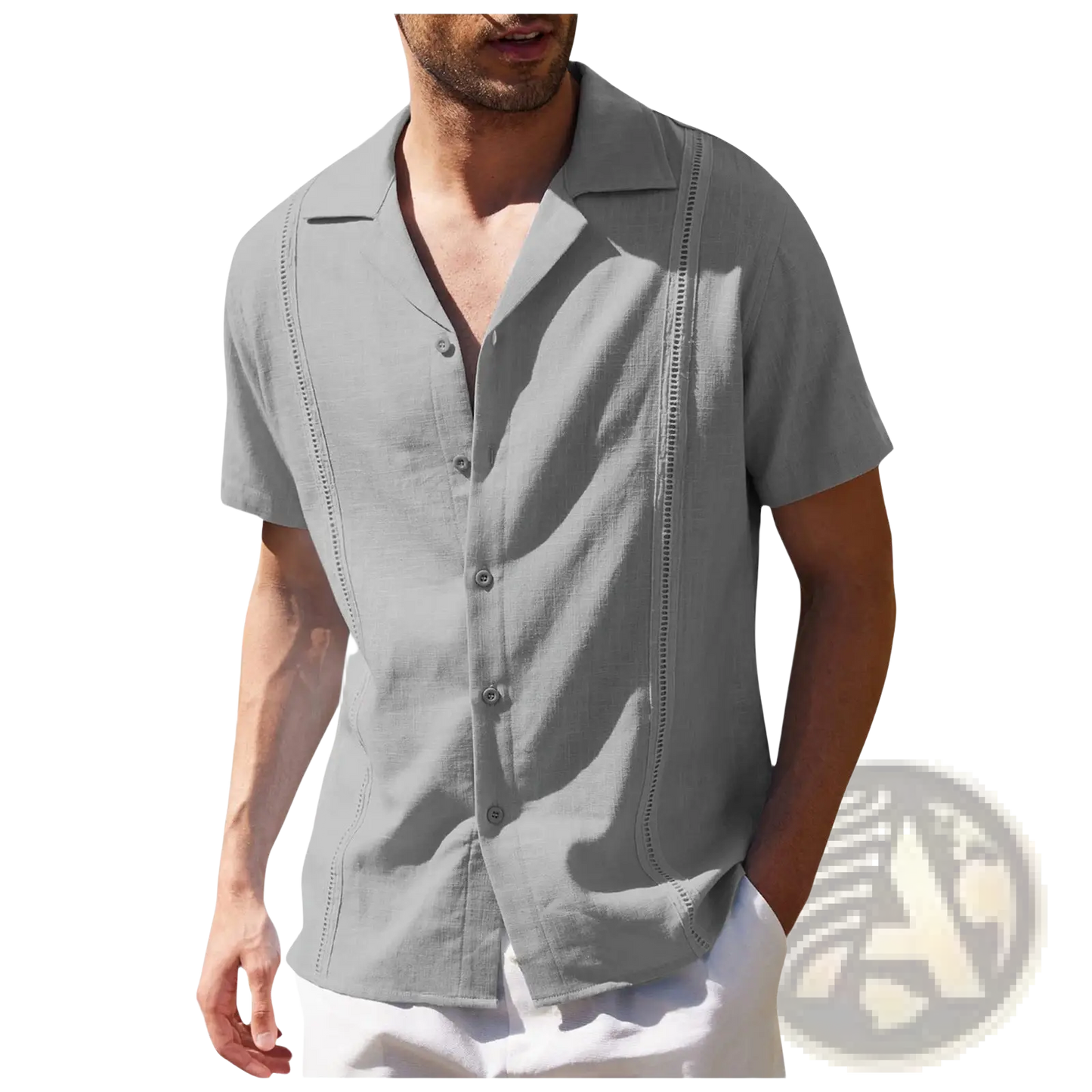 Men's Slim Fit Embroidered Linen Short Sleeve Shirt