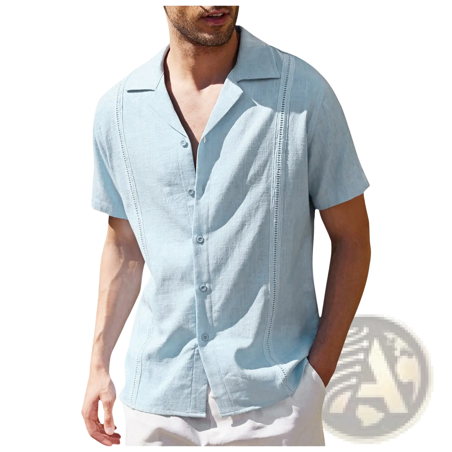 Men's Slim Fit Embroidered Linen Short Sleeve Shirt