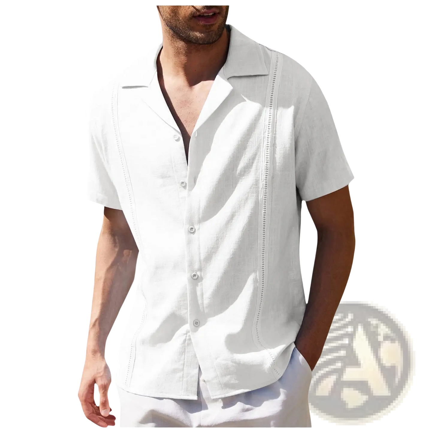 Men's Slim Fit Embroidered Linen Short Sleeve Shirt