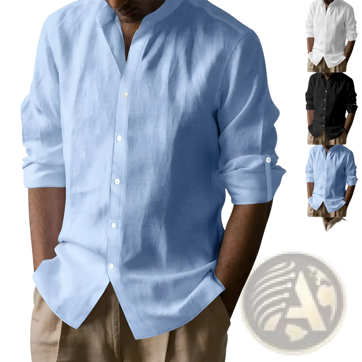 Men's Slim Fit Linen Blend Stand Collar Long Sleeve Shirt