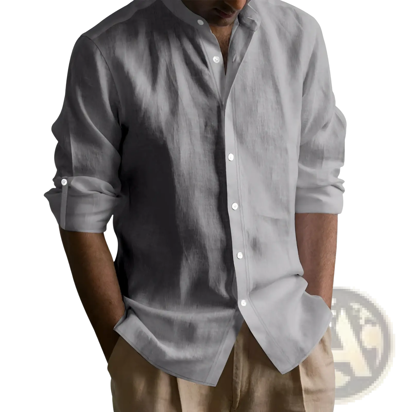 Men's Slim Fit Linen Blend Stand Collar Long Sleeve Shirt