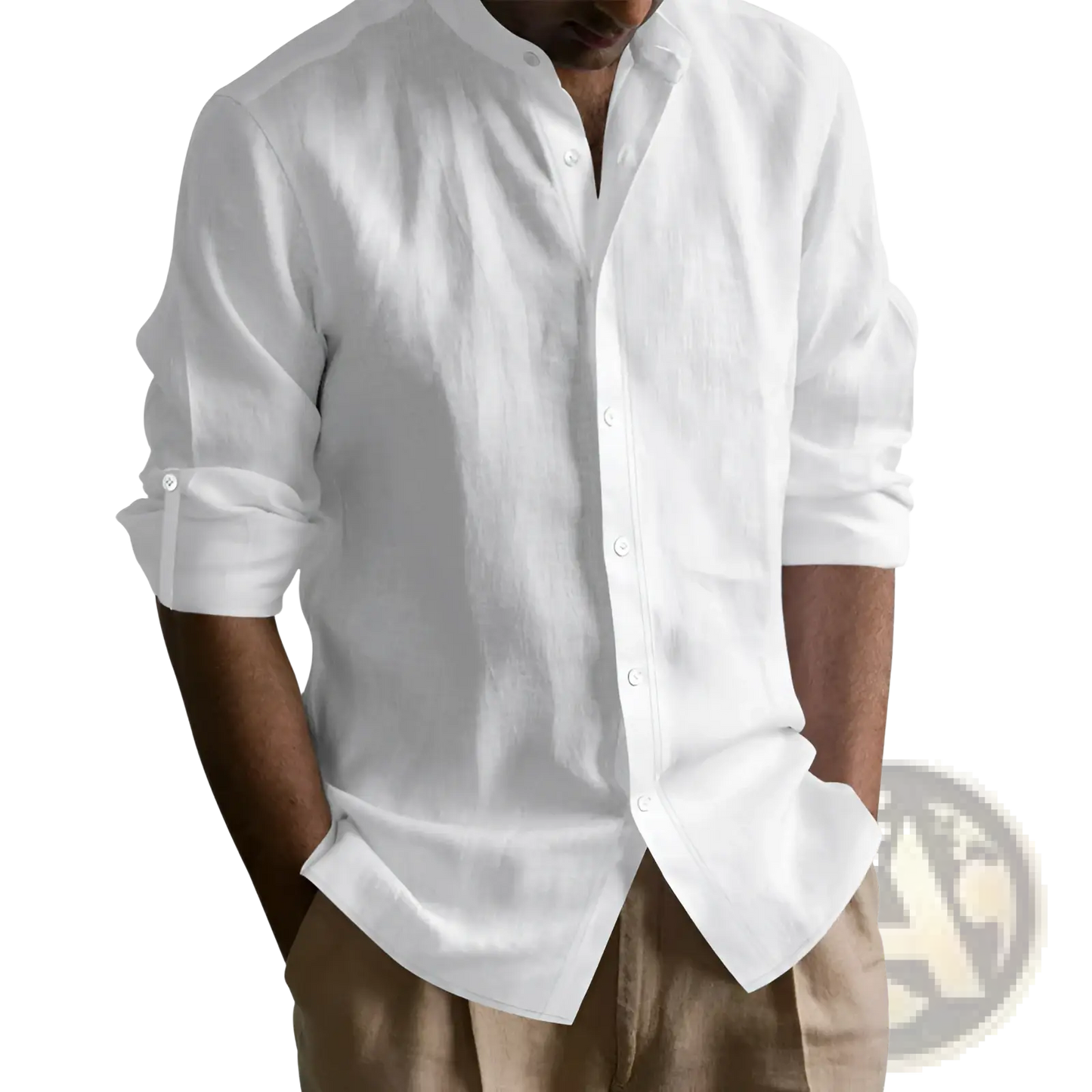 Men's Slim Fit Linen Blend Stand Collar Long Sleeve Shirt