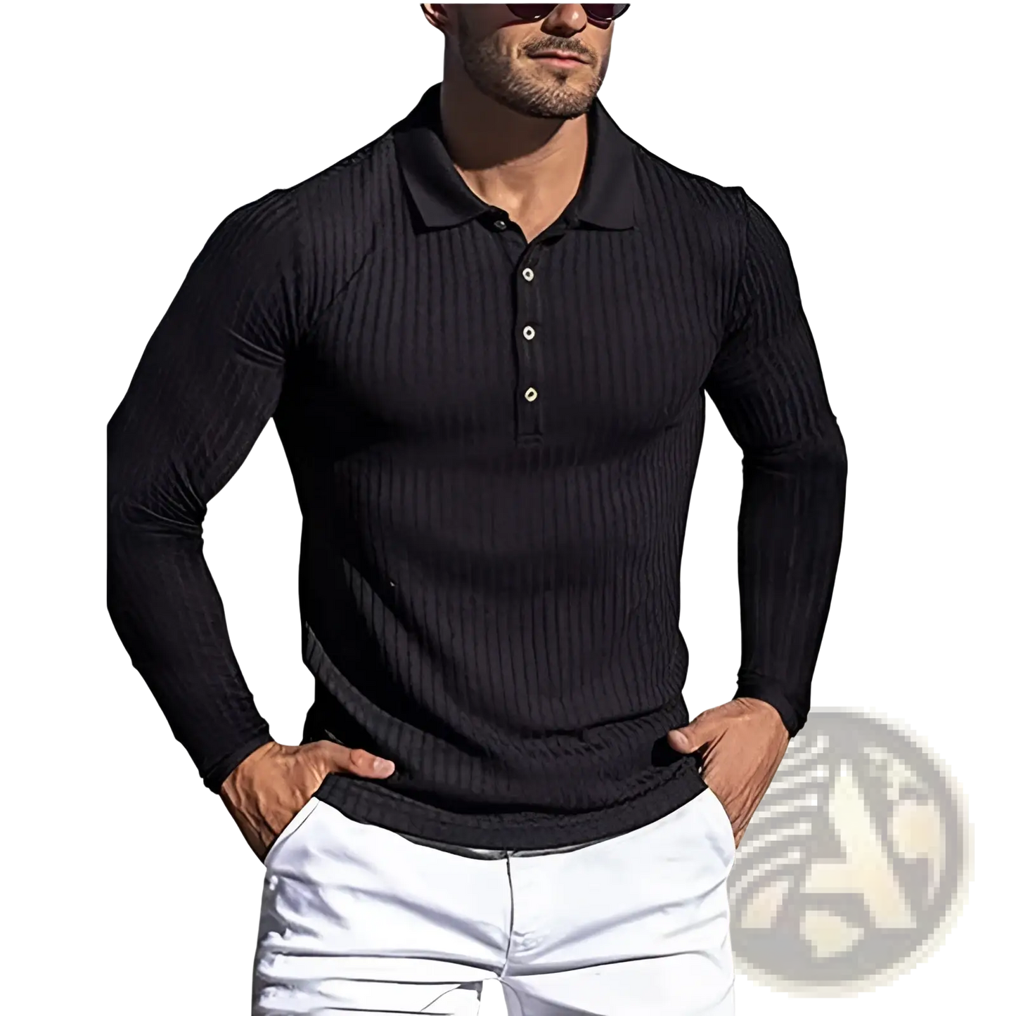 Men's Slim Fit Ribbed Knit Long Sleeve Polo Shirt