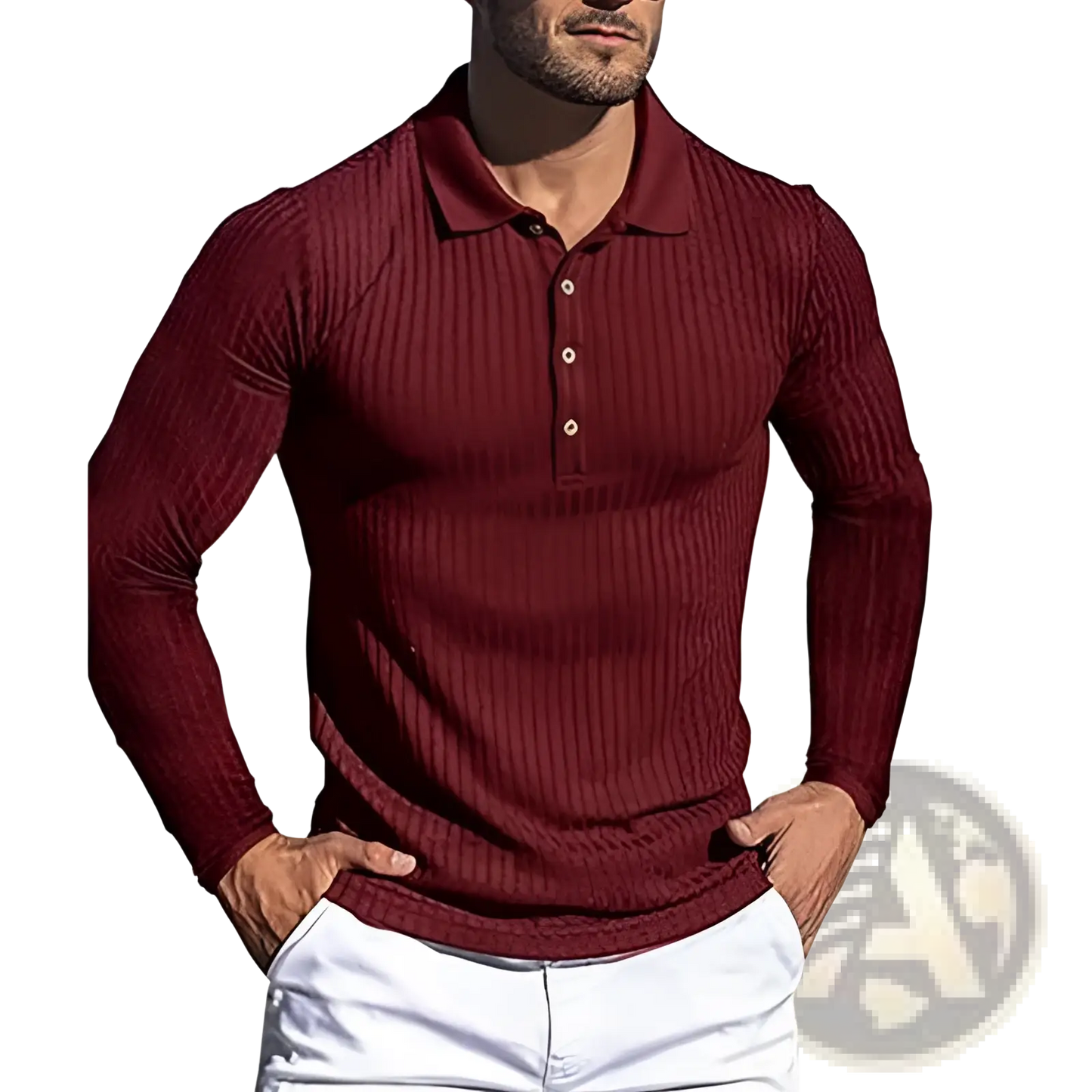 Men's Slim Fit Ribbed Knit Long Sleeve Polo Shirt