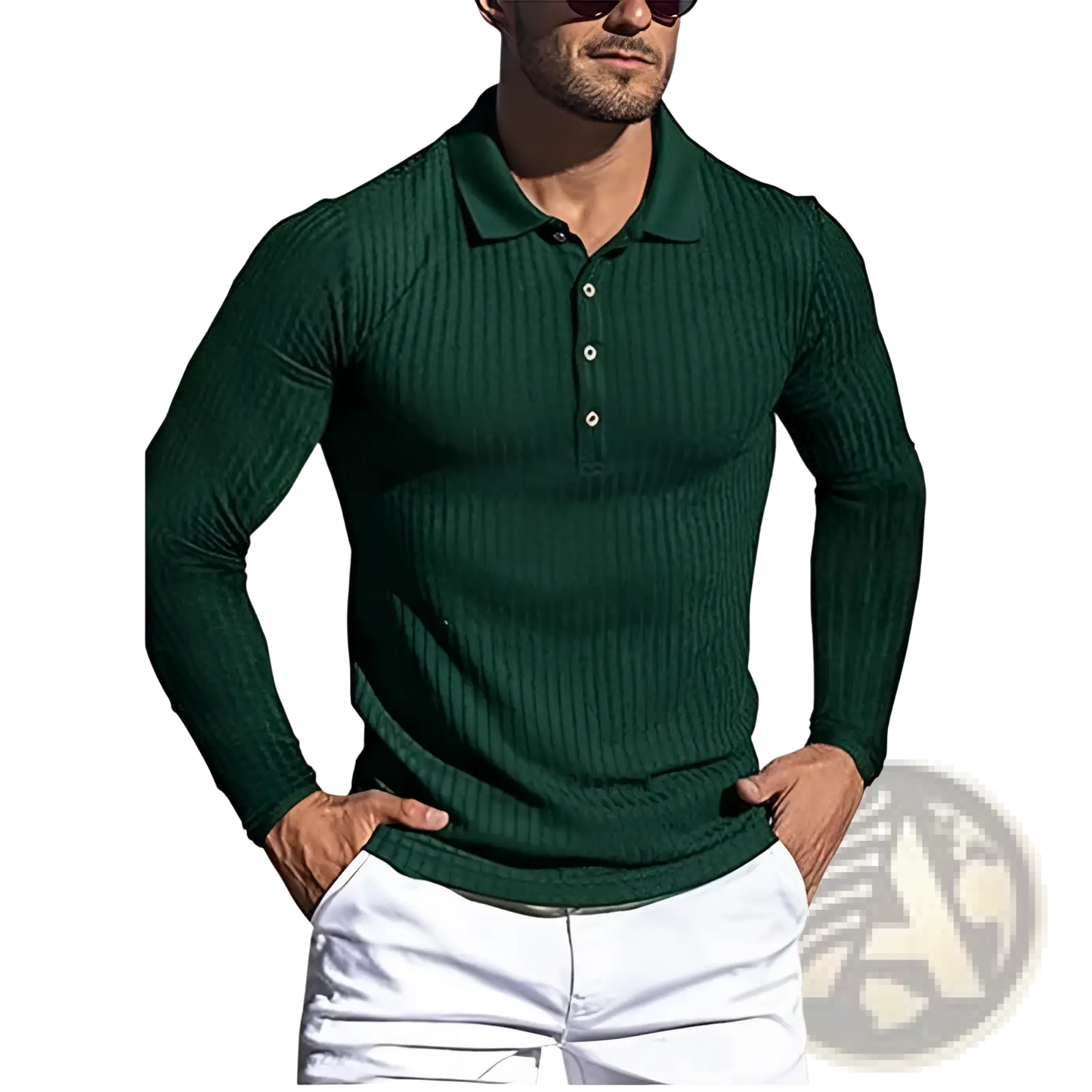 Men's Slim Fit Ribbed Knit Long Sleeve Polo Shirt