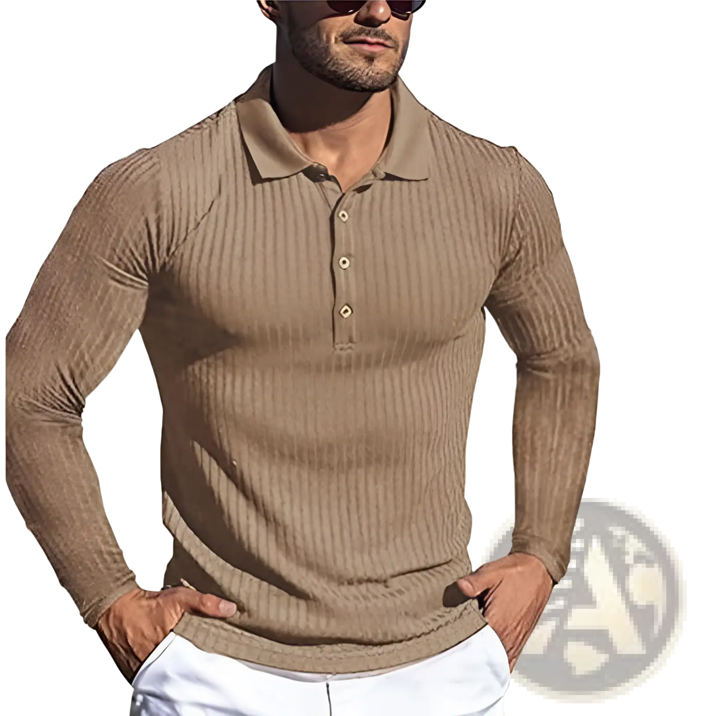 Men's Slim Fit Ribbed Knit Long Sleeve Polo Shirt
