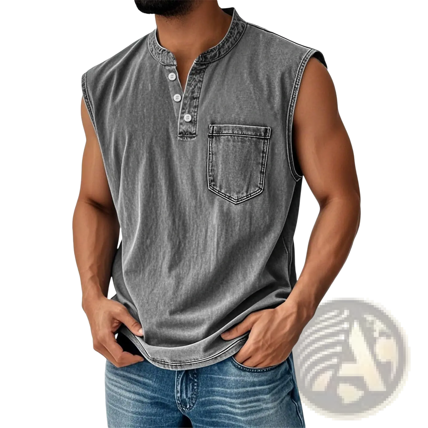Men's Slim Fit Sleeveless Denim Henley Shirt