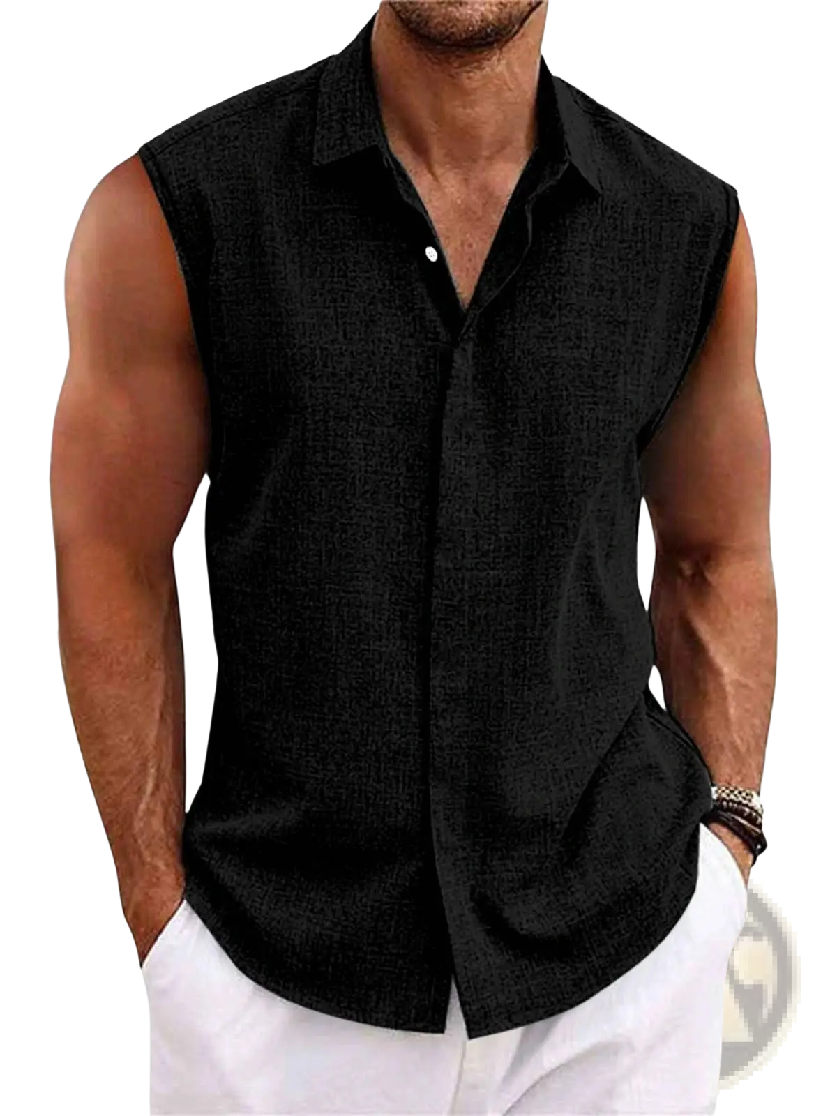 Men's Slim Fit Textured Sleeveless Linen Blend Beach Shirt