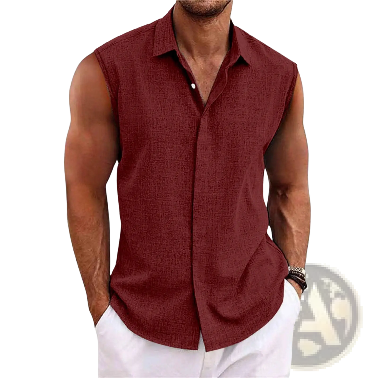 Men's Slim Fit Textured Sleeveless Linen Blend Beach Shirt