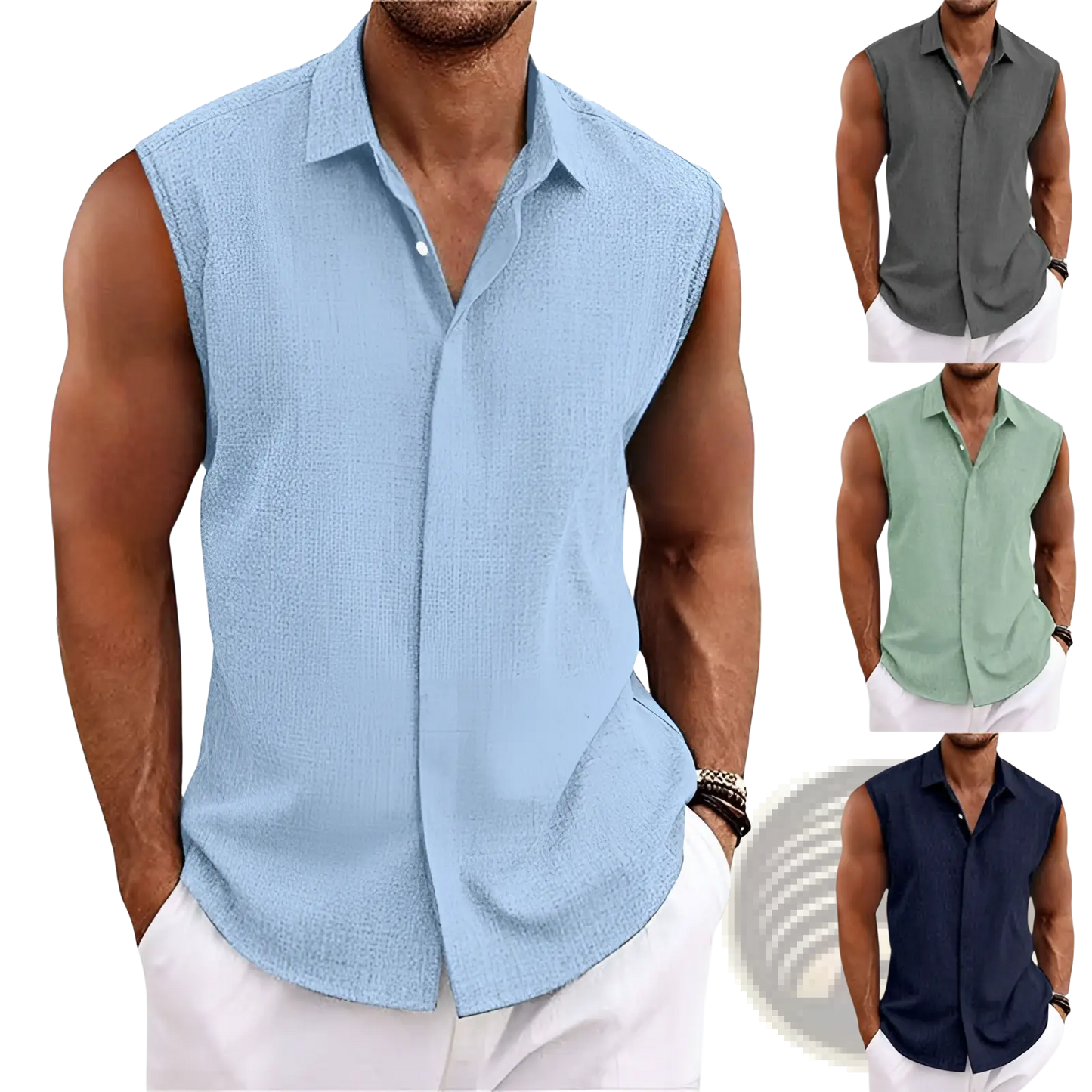 Men's Slim Fit Textured Sleeveless Linen Blend Beach Shirt