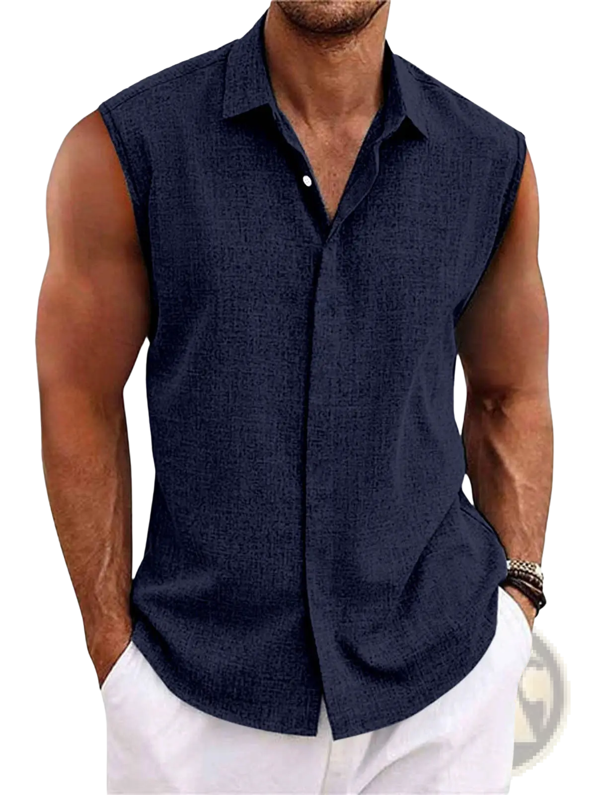 Men's Slim Fit Textured Sleeveless Linen Blend Beach Shirt