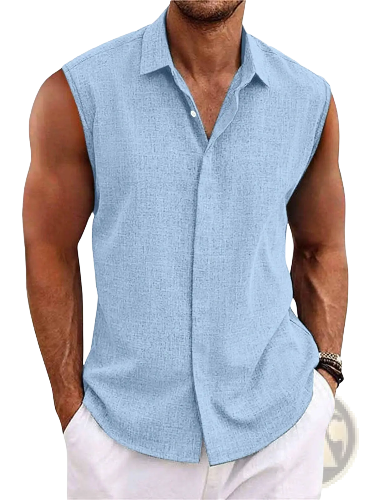 Men's Slim Fit Textured Sleeveless Linen Blend Beach Shirt