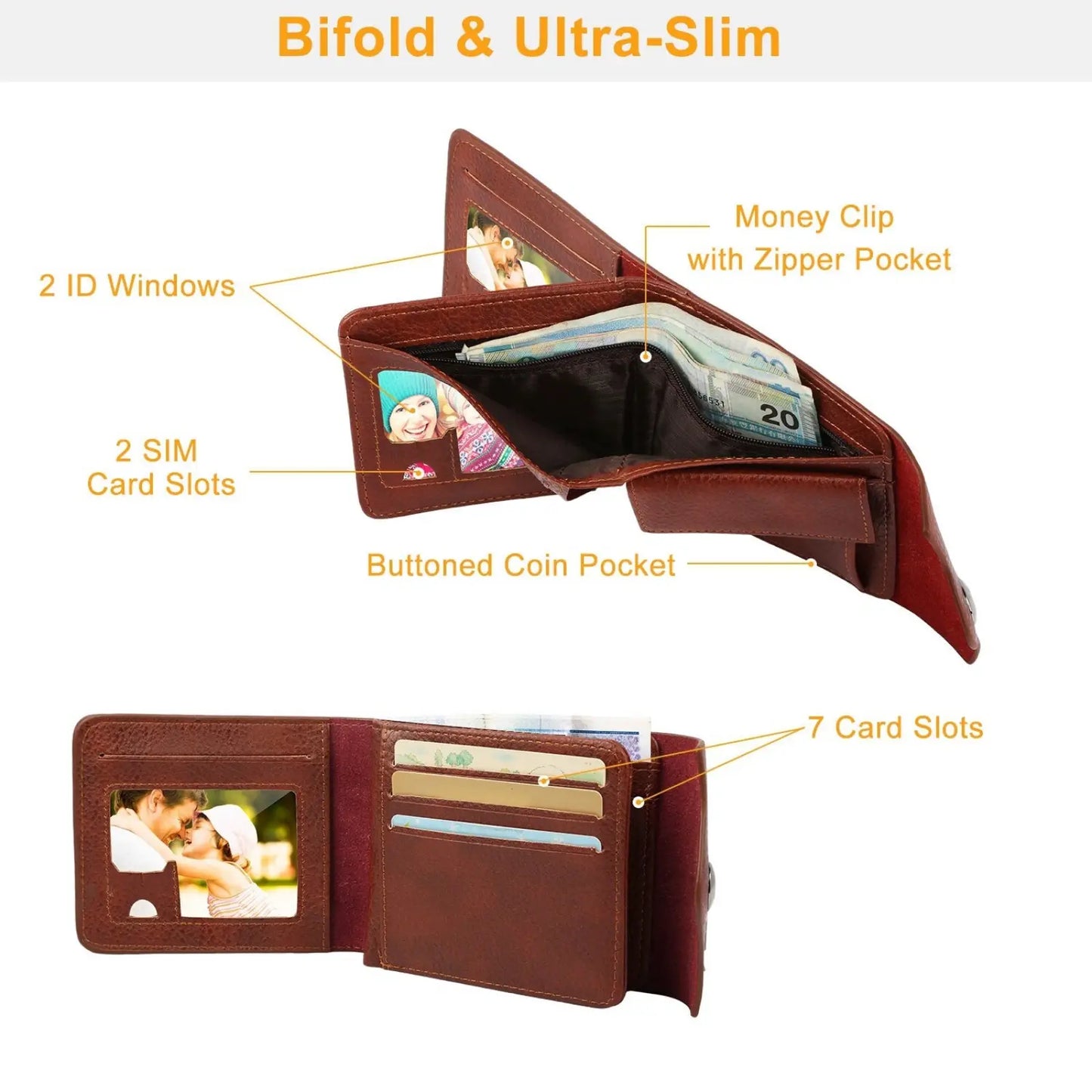 Men's Slim Rfid Blocking Brown Pu Leather Bifold Wallet