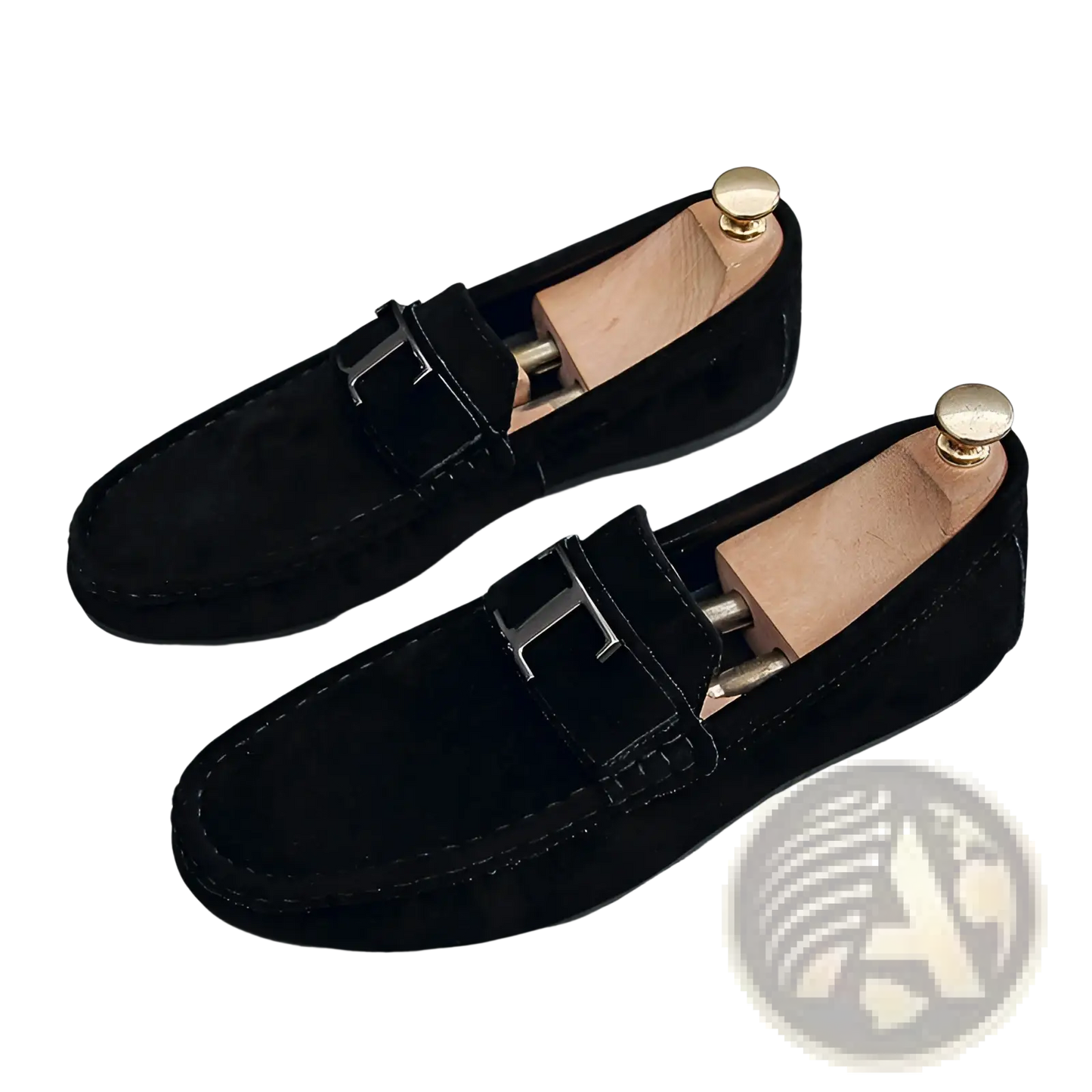 Men's Suede Loafers with Metal Buckle and Rubber Sole